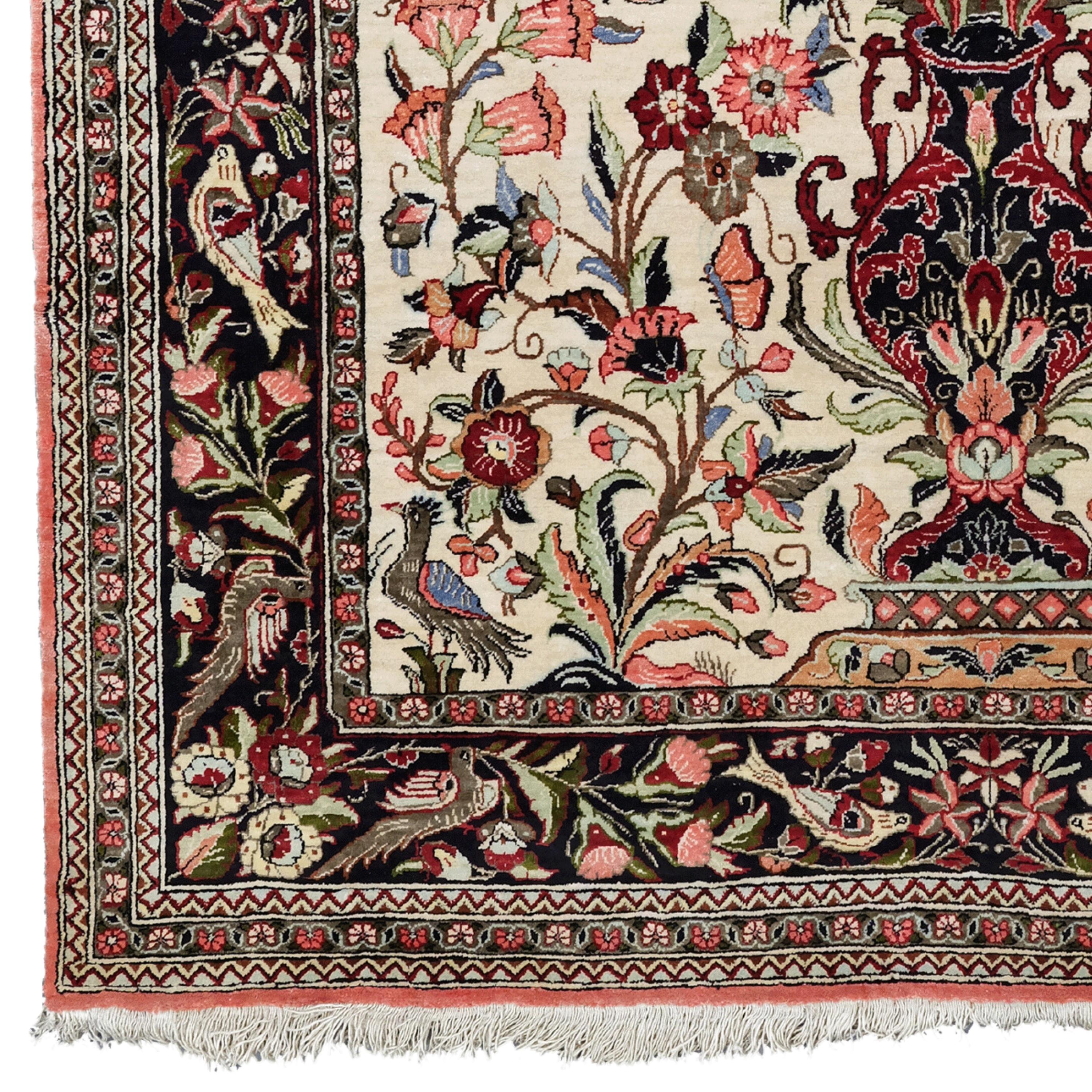 19th Century Silk Qum Rug

This magnificent 19th-century antique Qum (Gohm) rug is a testament to the unparalleled craftsmanship of its age. Every intricate detail woven into this masterpiece tells a story of ancient art and traditions. This carpet,