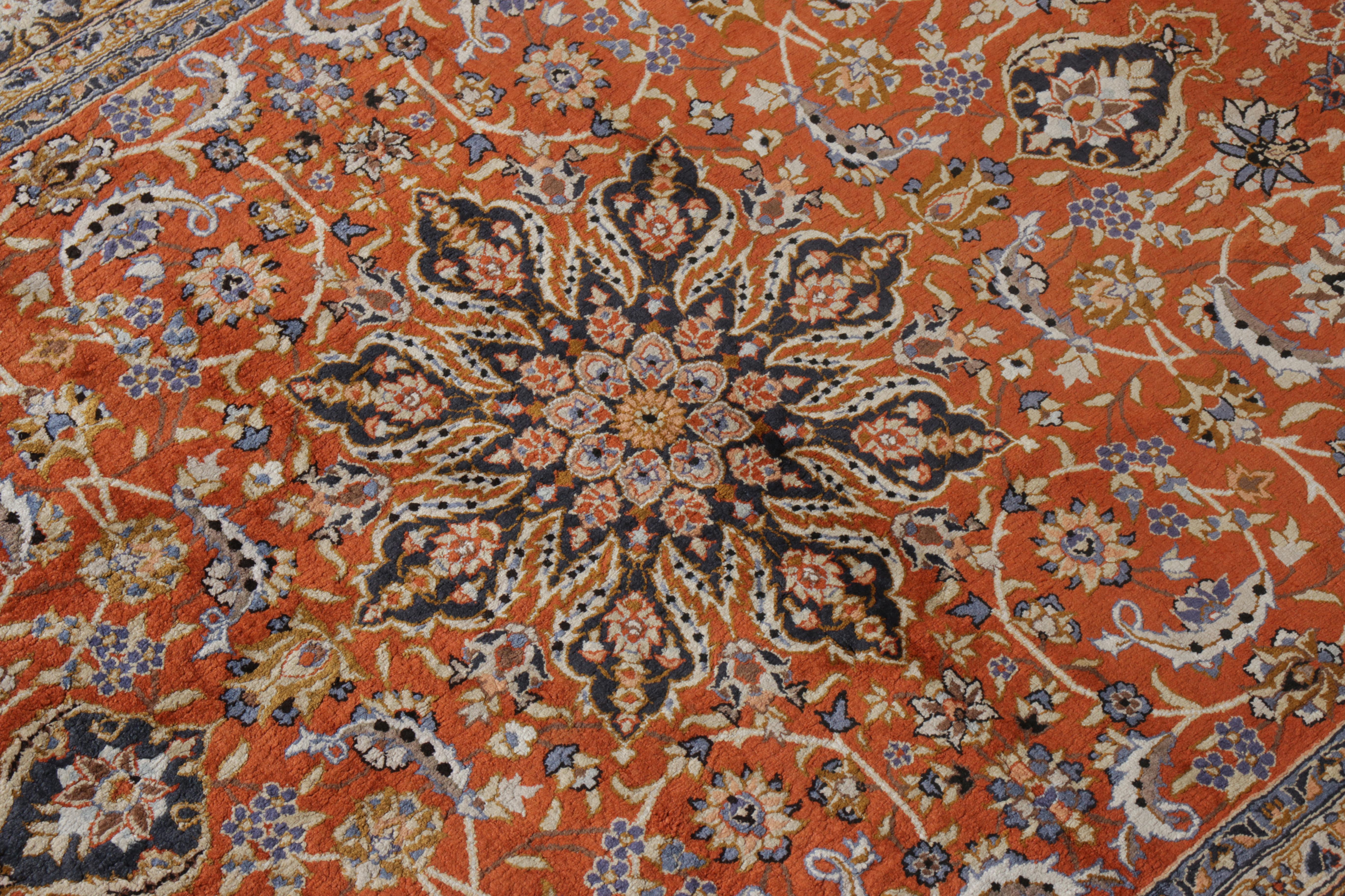 Chinese Vintage Qum Style Rug in a Rust, Blue Medallion Floral Pattern by Rug & Kilim For Sale