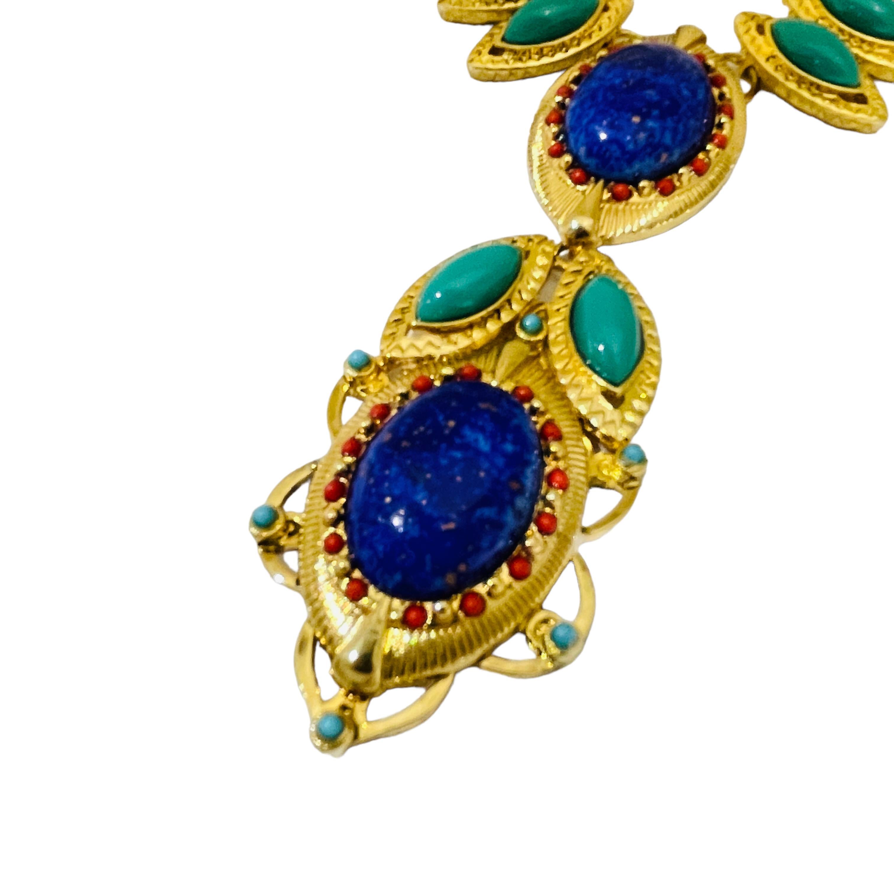 Women's Vintage R J GRAZIANO gold lapis coral turquoise designer runway necklace For Sale