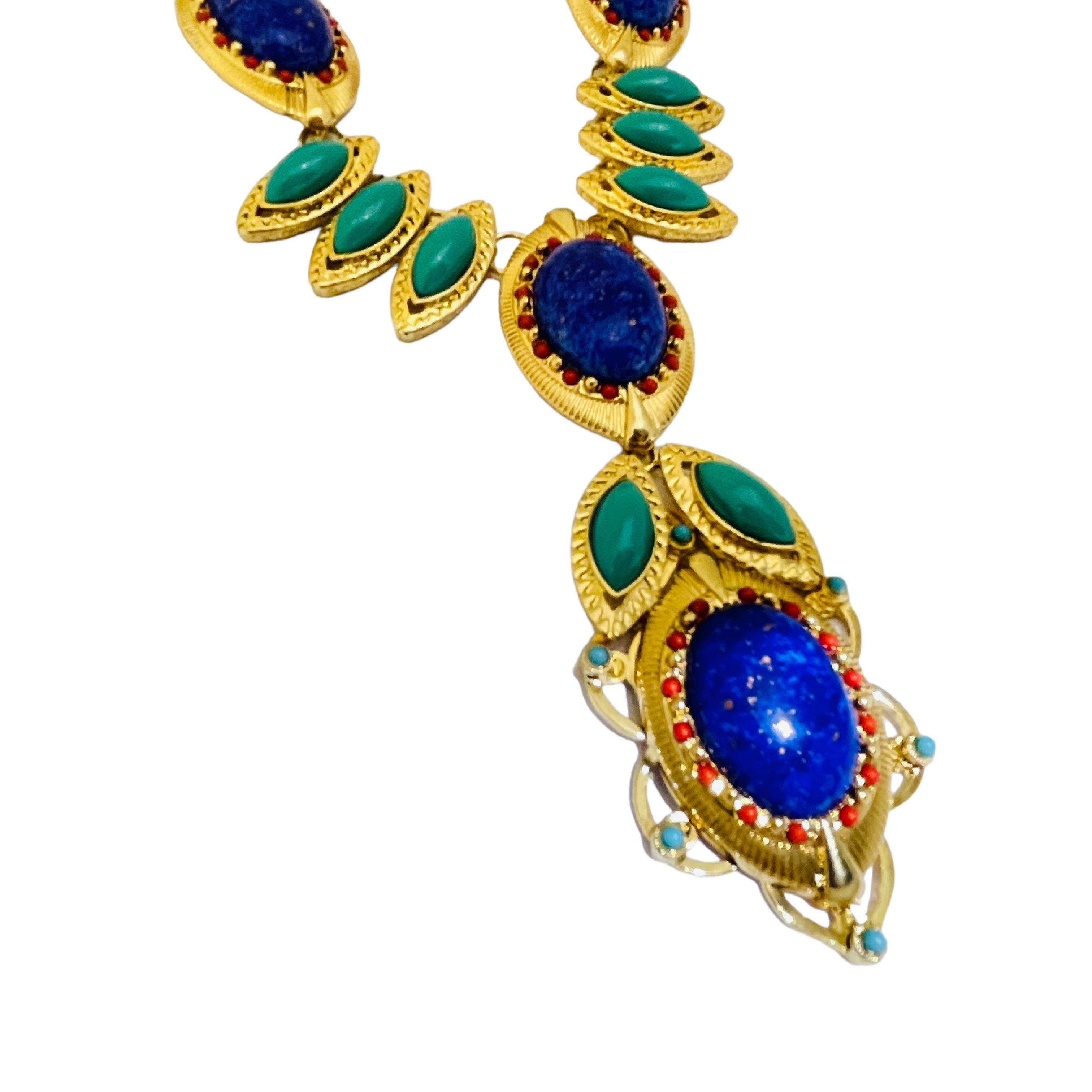 Vintage R J GRAZIANO gold lapis coral turquoise designer runway necklace For Sale 1