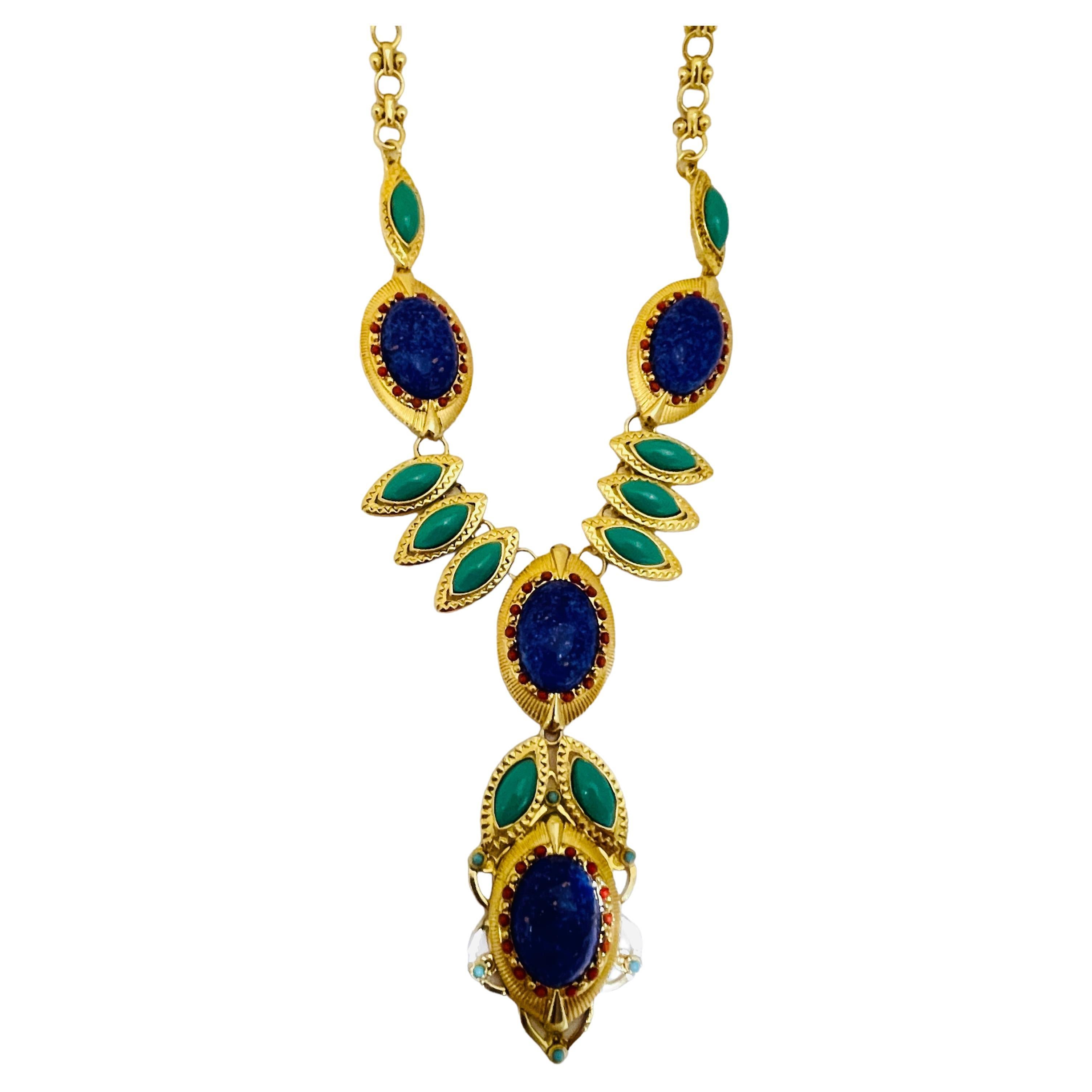 Vintage R J GRAZIANO gold lapis coral turquoise designer runway necklace For Sale