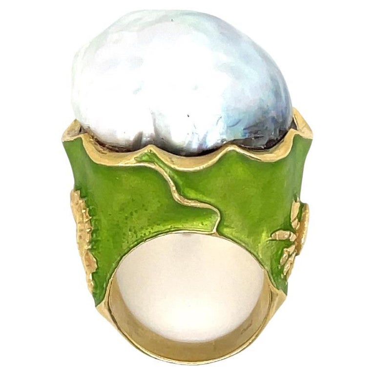 Vintage R Simantov Designer Pearl and Enamel Ring in 18k Yellow Gold ...