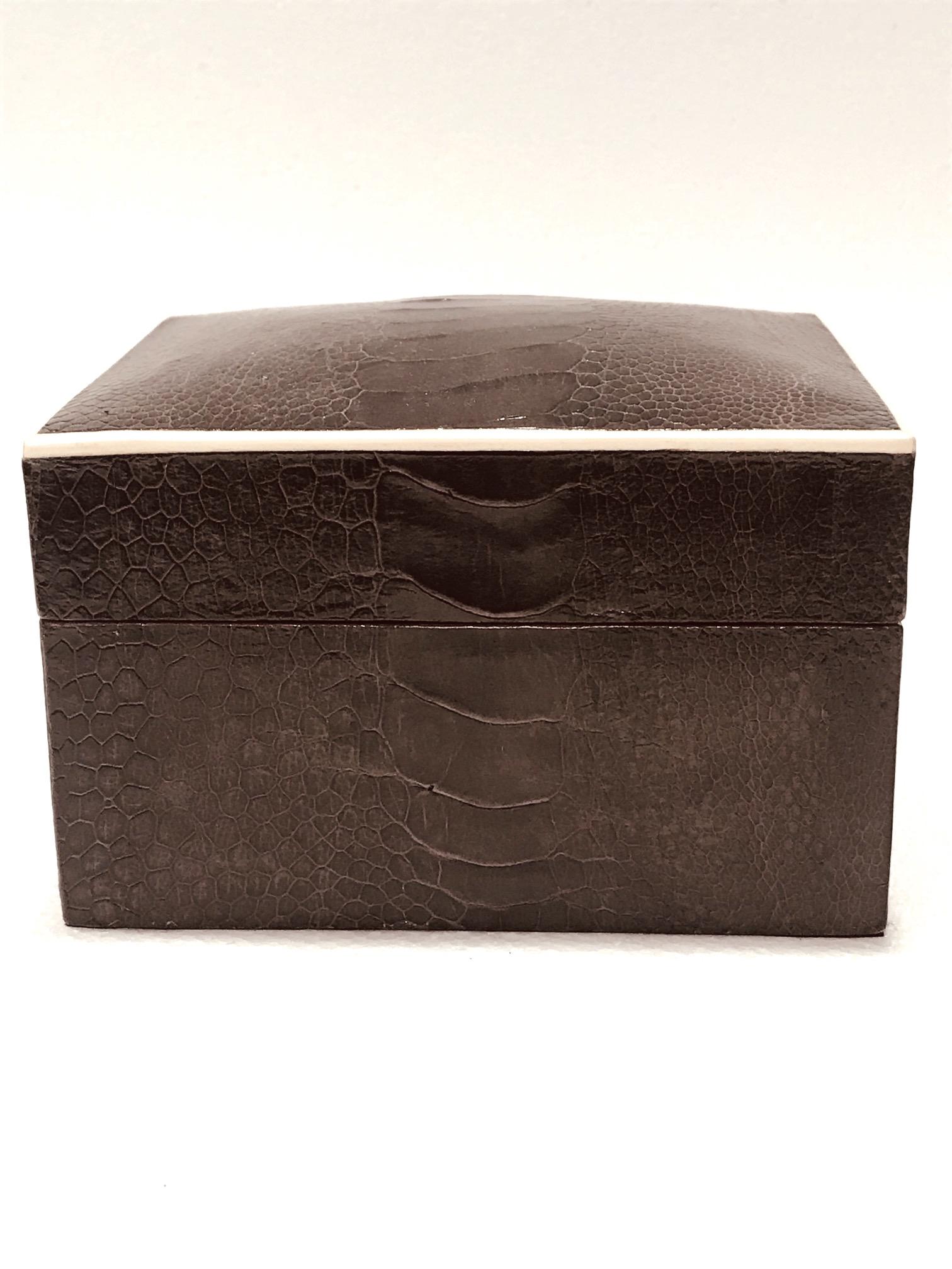 Organic Modern Vintage R & Y Augousti Decorative Box in Brown Ostrich Leather and Bone
