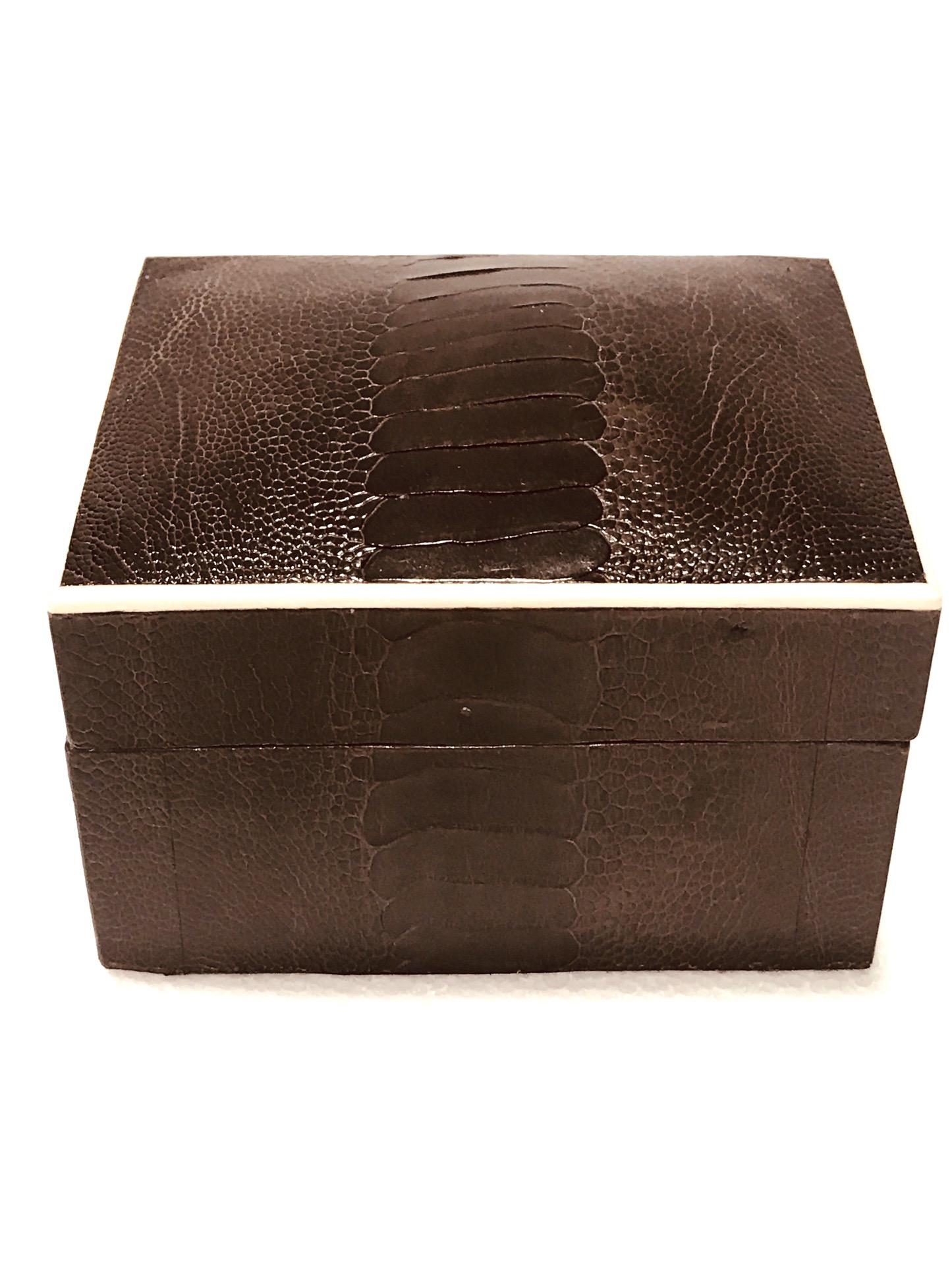 French Vintage R & Y Augousti Decorative Box in Brown Ostrich Leather and Bone