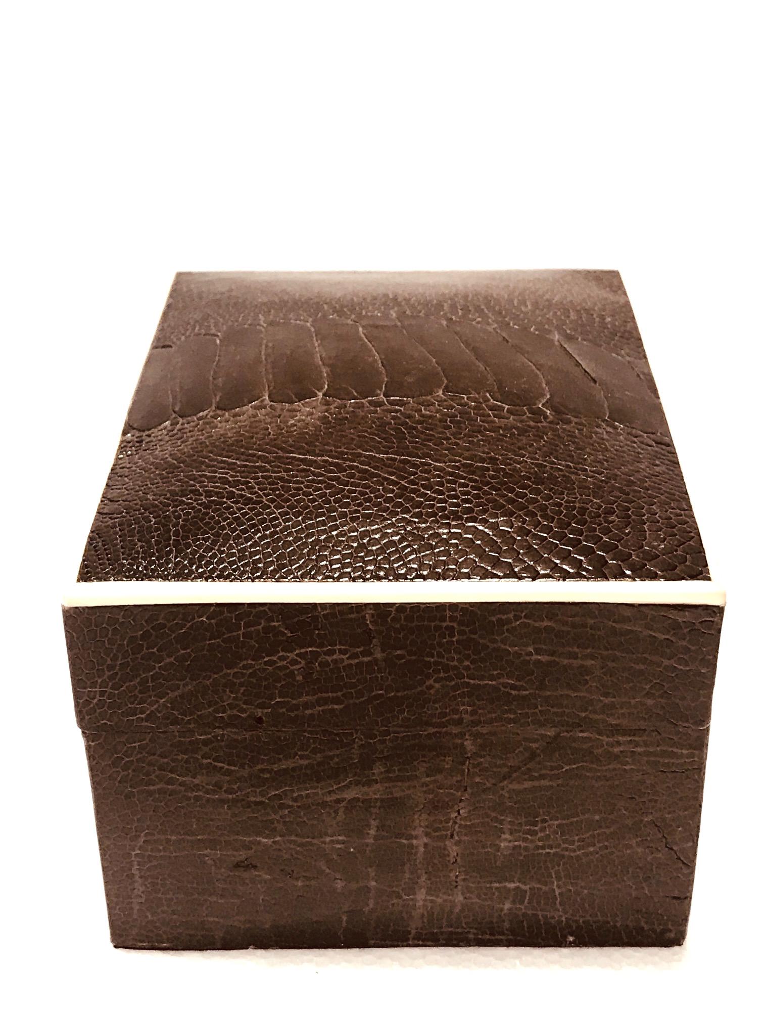 Hand-Crafted Vintage R & Y Augousti Decorative Box in Brown Ostrich Leather and Bone