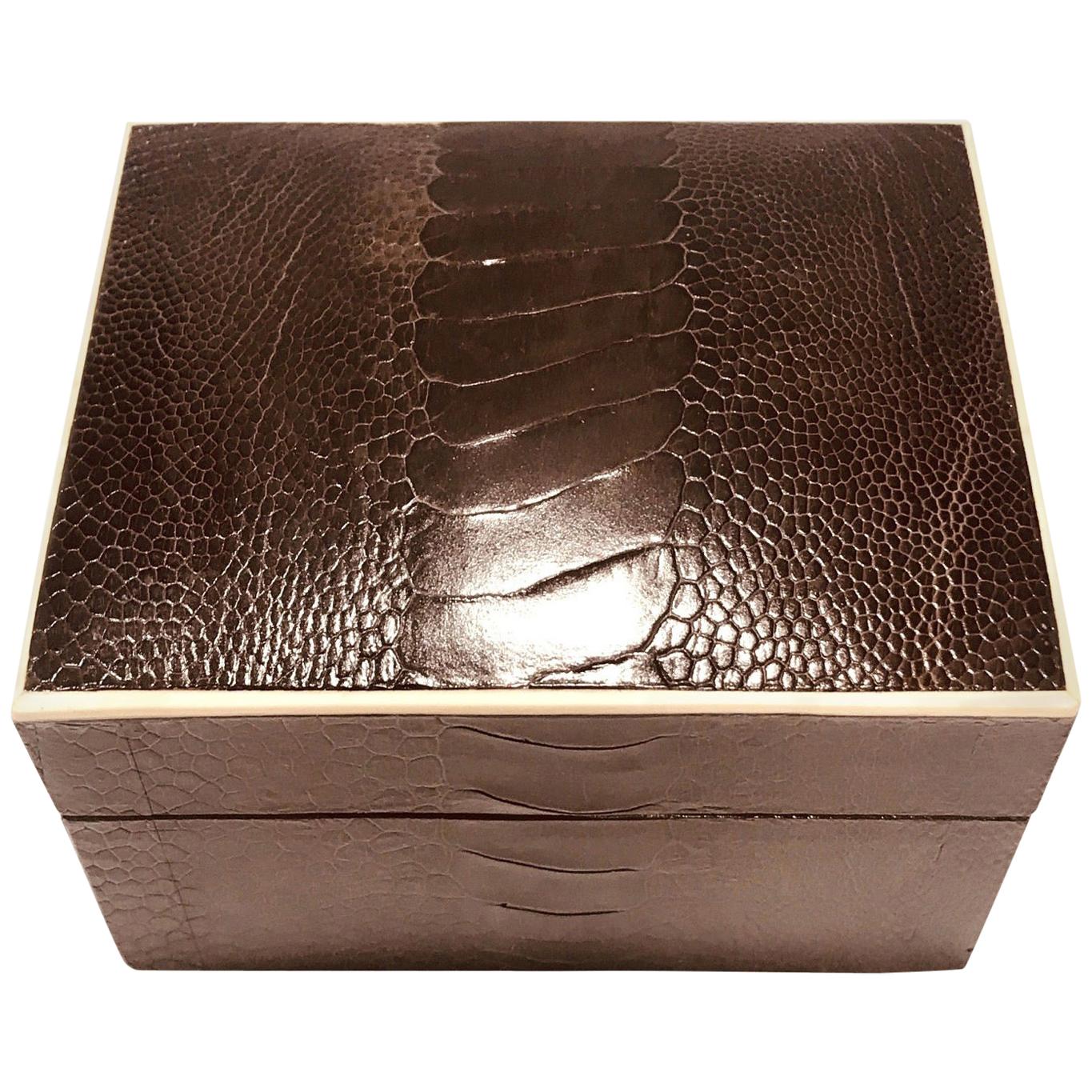 Vintage R & Y Augousti Decorative Box in Brown Ostrich Leather and Bone