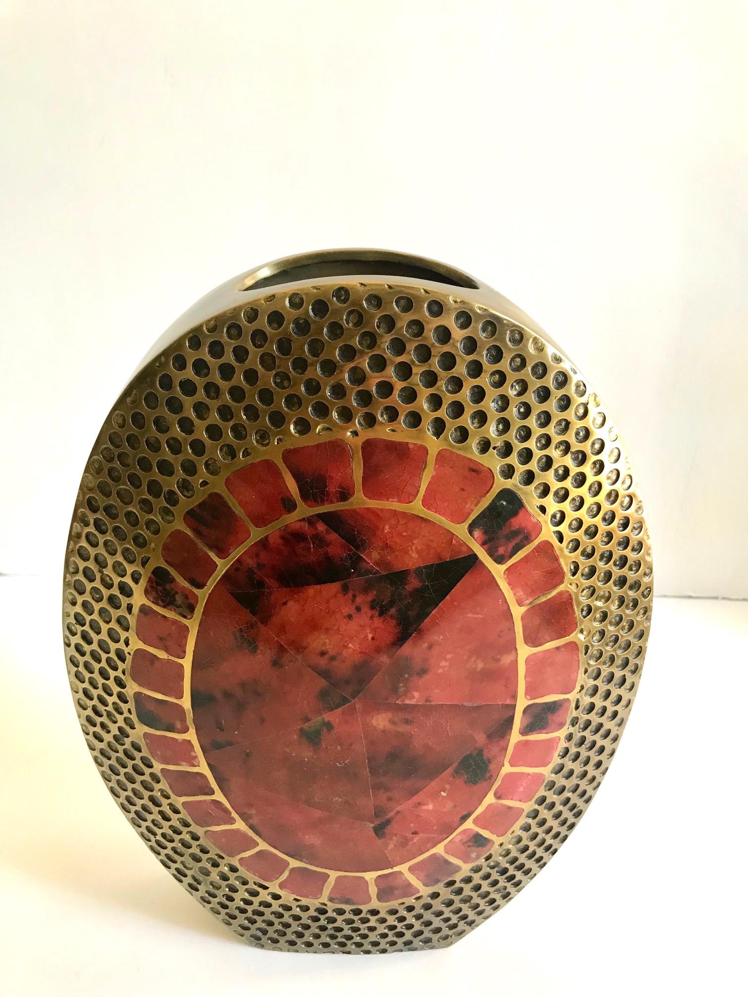 French Vintage R & Y Augousti Ovoid Vase in Solid Bronze and Exotic Mosaic Pen-Shell