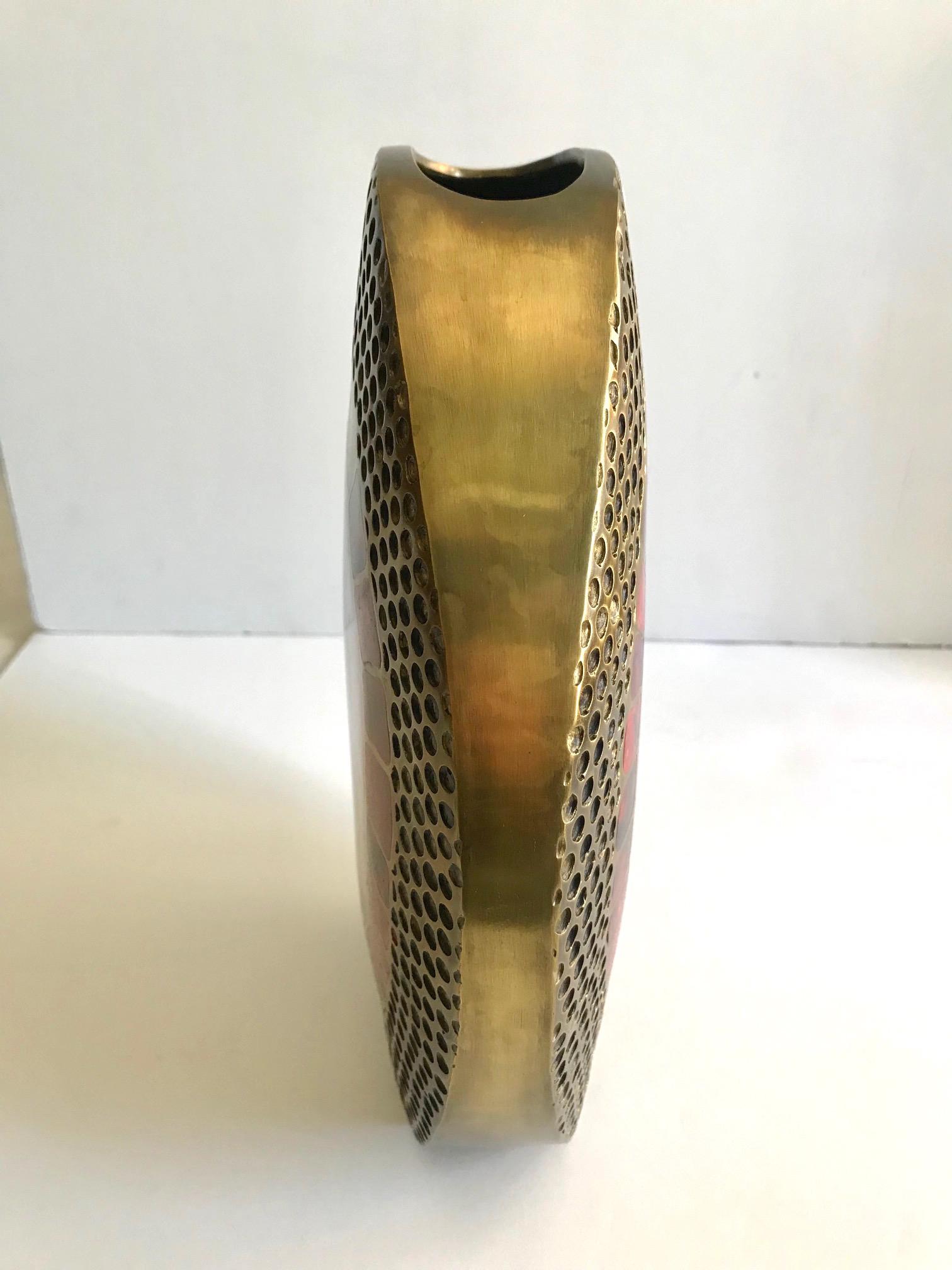 Hand-Crafted Vintage R & Y Augousti Ovoid Vase in Solid Bronze and Exotic Mosaic Pen-Shell