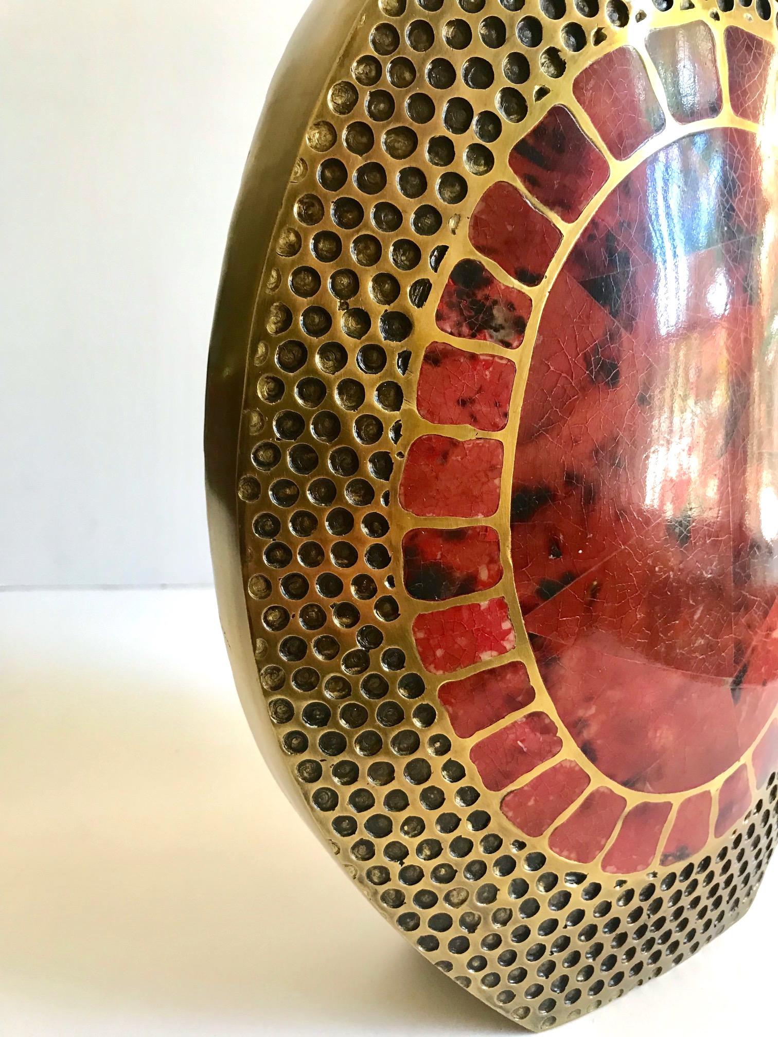 Contemporary Vintage R & Y Augousti Ovoid Vase in Solid Bronze and Exotic Mosaic Pen-Shell