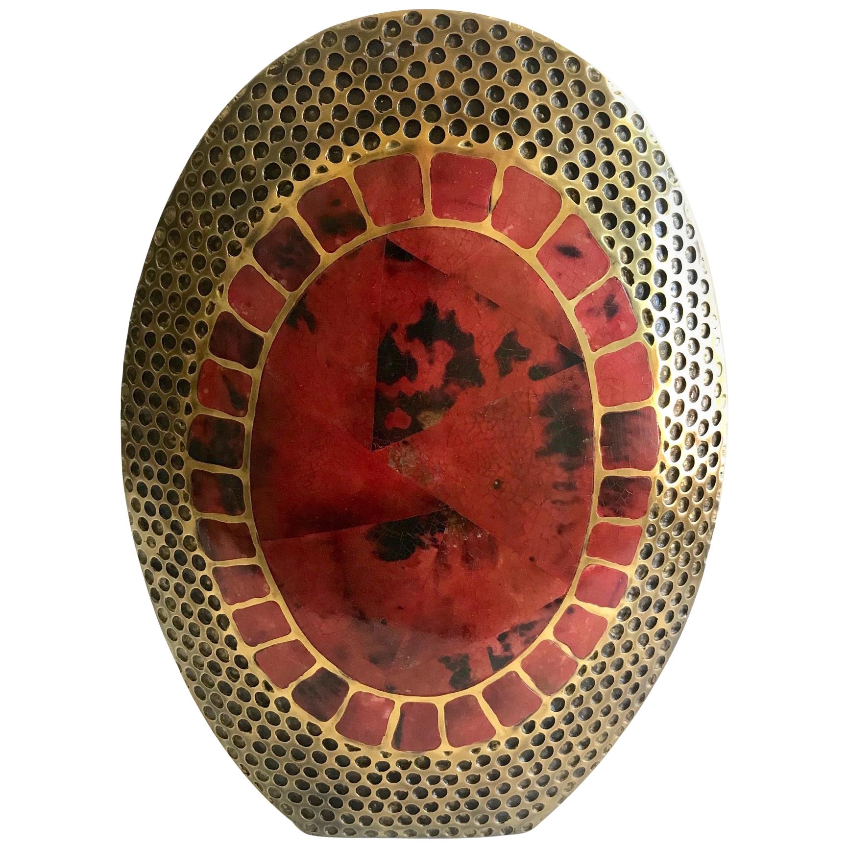 Vintage R & Y Augousti Ovoid Vase in Solid Bronze and Exotic Mosaic Pen-Shell