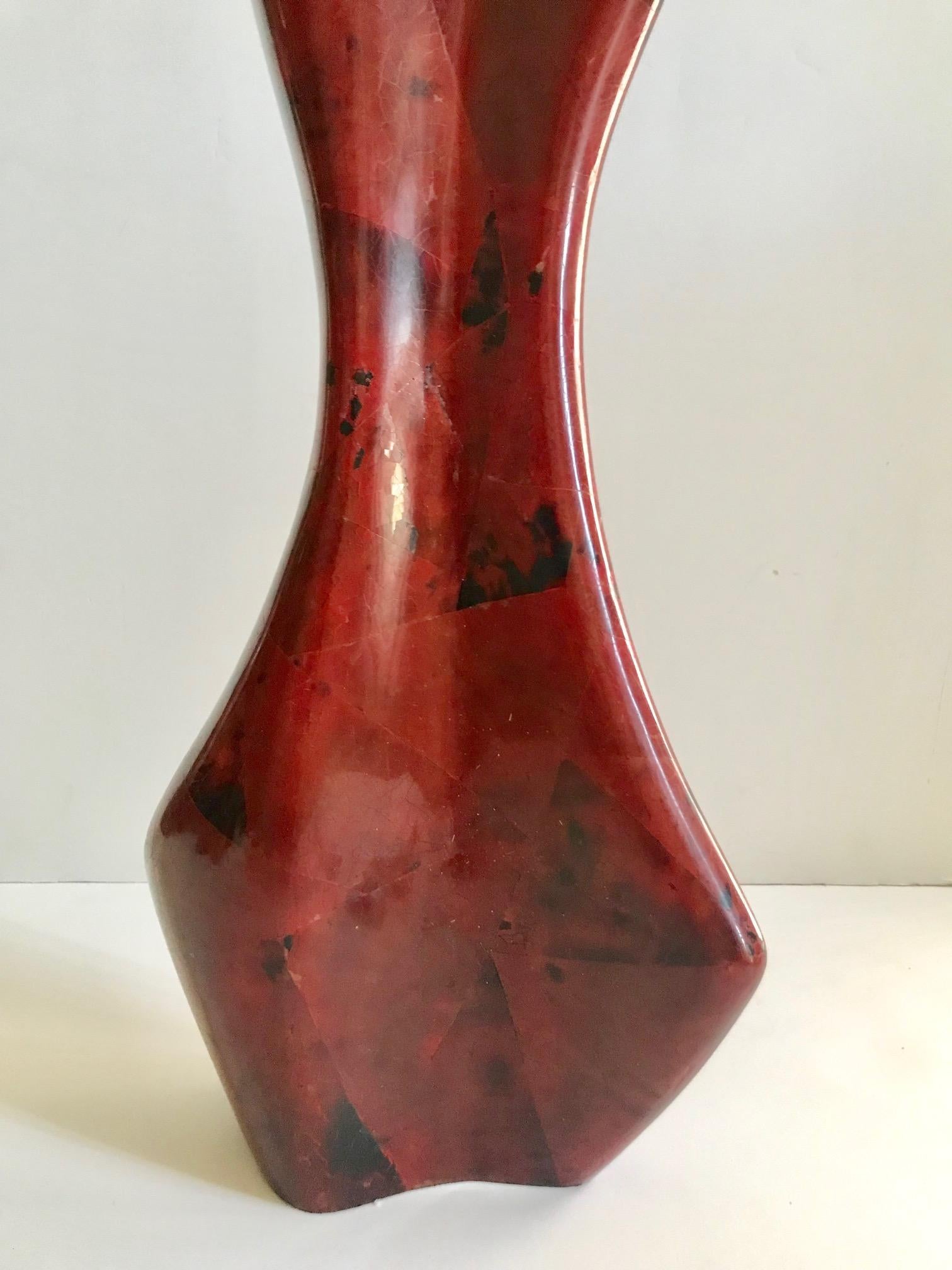 Organic Modern Vintage R & Y Augousti Sculptural Mosaic Vase in Exotic Red and Black Pen-Shell For Sale