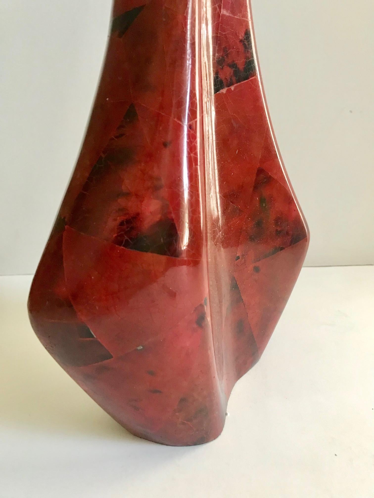 Contemporary Vintage R & Y Augousti Sculptural Mosaic Vase in Exotic Red and Black Pen-Shell For Sale