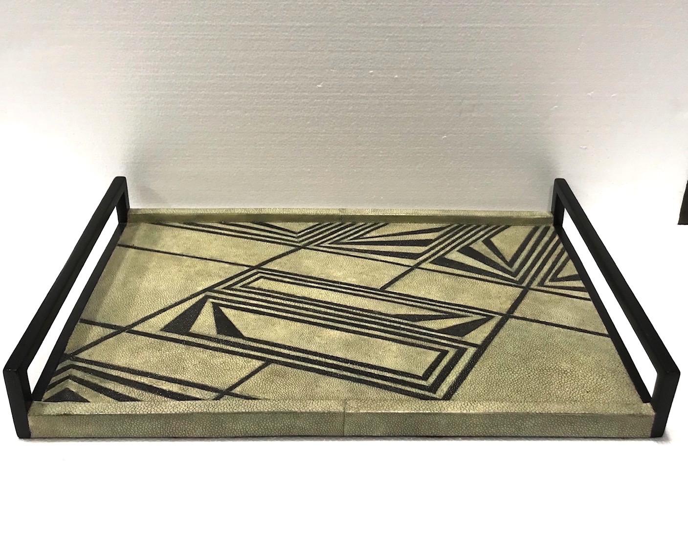 Organic modern handcrafted tray made of exotic Shagreen with a geometric design. Tray features a series of Art Deco inspired black graphic lines over taupe colored shagreen and has ebonized palm wood handles. Makes an accessory to any tabletop or