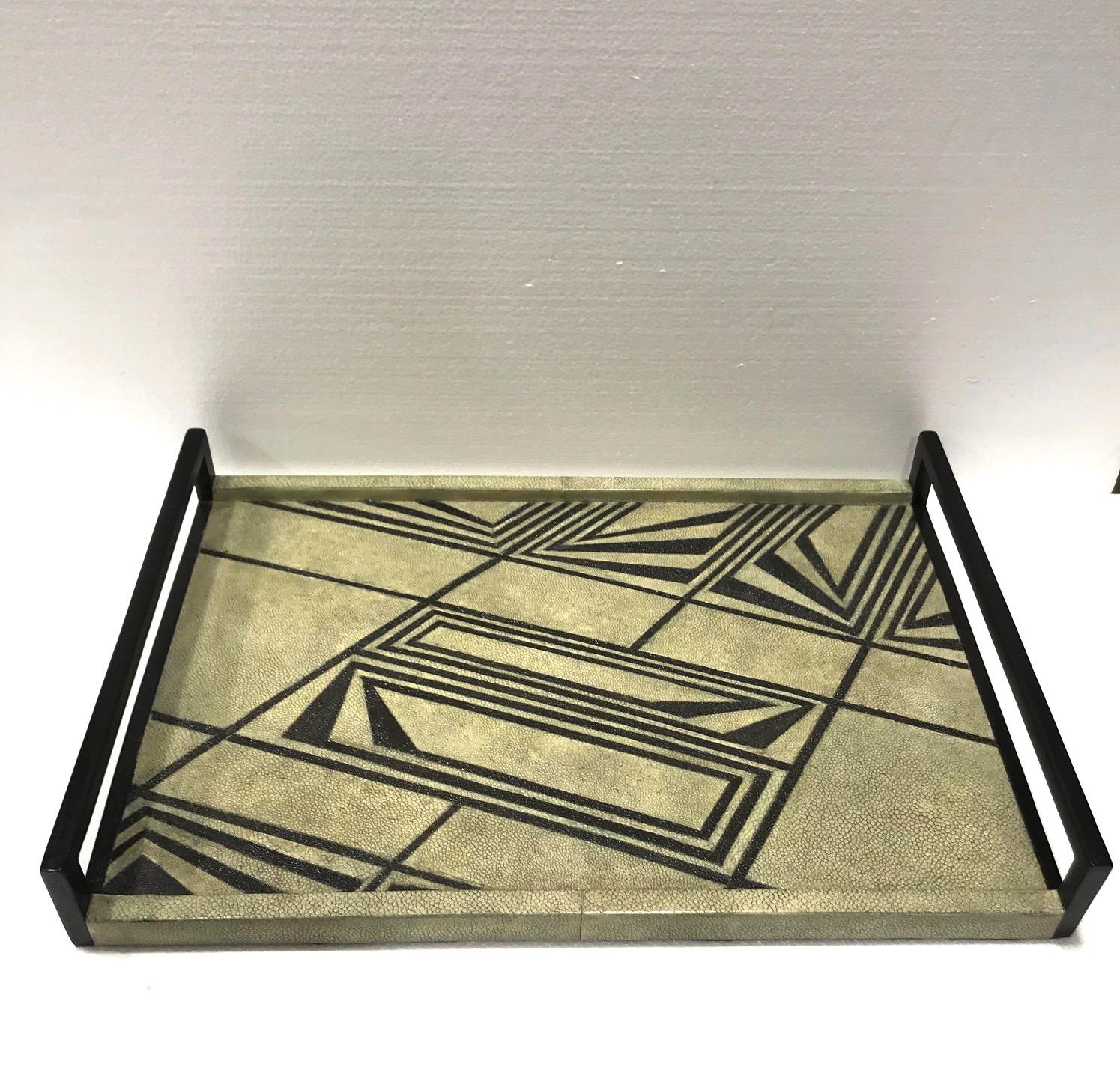 Organic Modern Vintage R & Y Augousti Shagreen Tray with Geometric Design in Taupe and Black