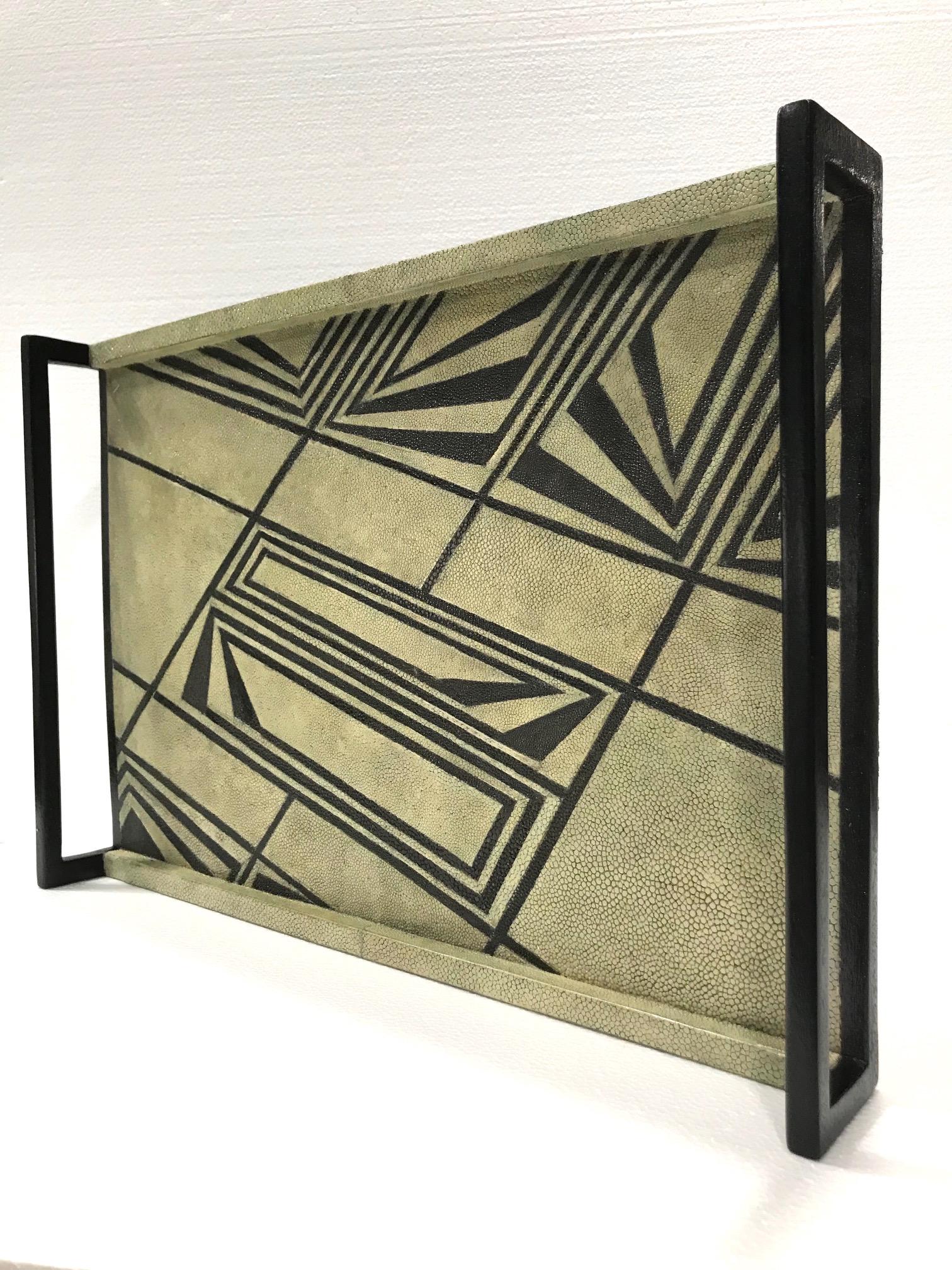 French Vintage R & Y Augousti Shagreen Tray with Geometric Design in Taupe and Black