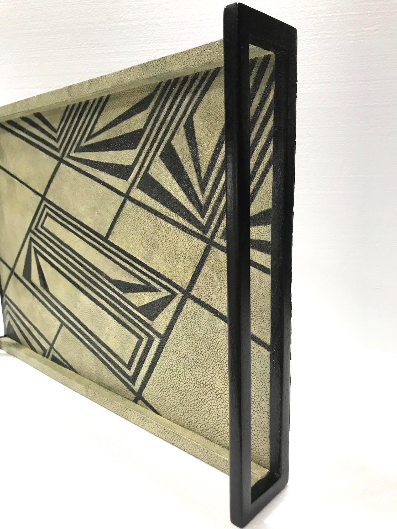 Ebonized Vintage R & Y Augousti Shagreen Tray with Geometric Design in Taupe and Black