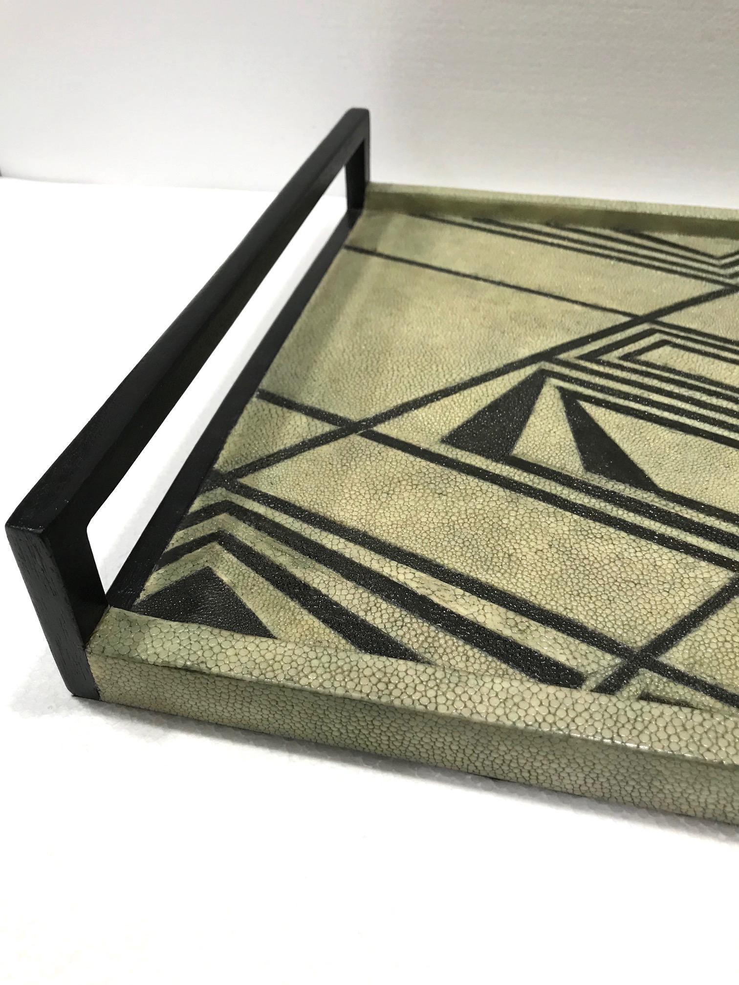 Vintage R & Y Augousti Shagreen Tray with Geometric Design in Taupe and Black In Good Condition In Fort Lauderdale, FL