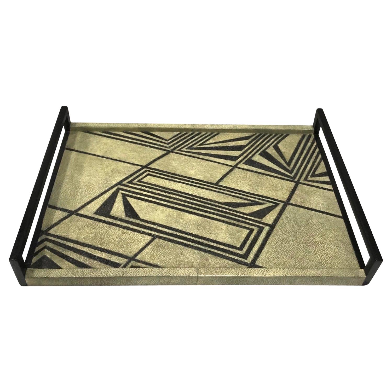 Vintage R & Y Augousti Shagreen Tray with Geometric Design in Taupe and Black