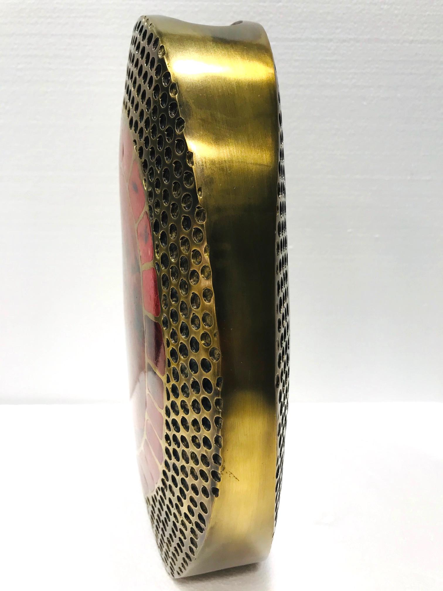 Vintage R & Y Augousti Solid Bronze Vase with Pen Shell Inlays in Red and Black 4