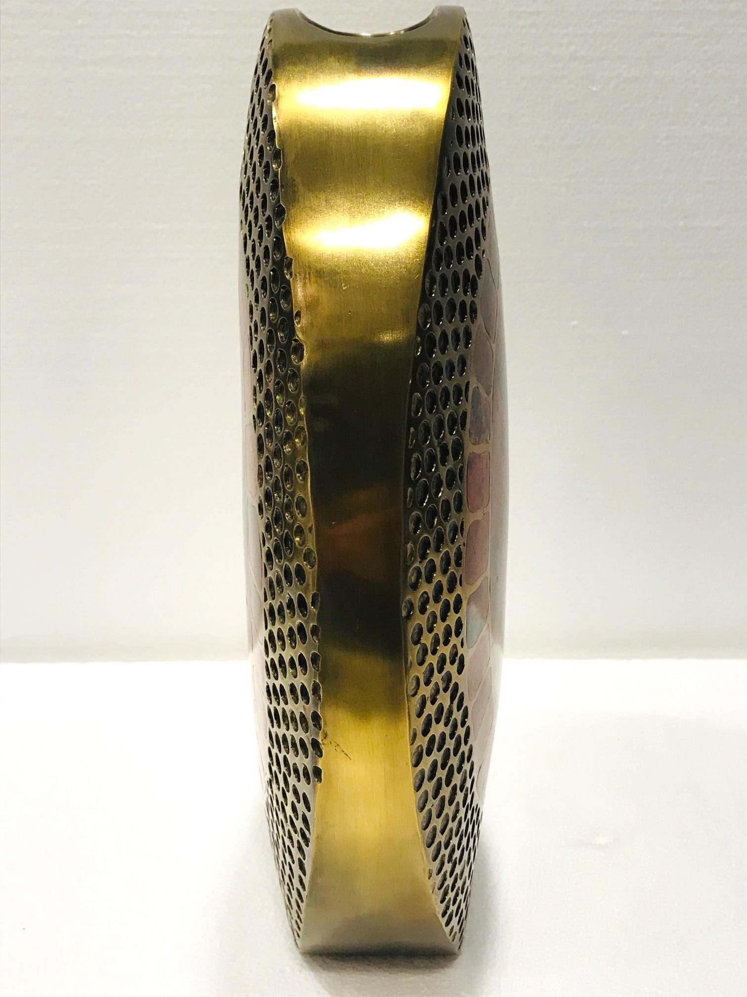 Organic Modern Vintage R & Y Augousti Solid Bronze Vase with Pen Shell Inlays in Red and Black