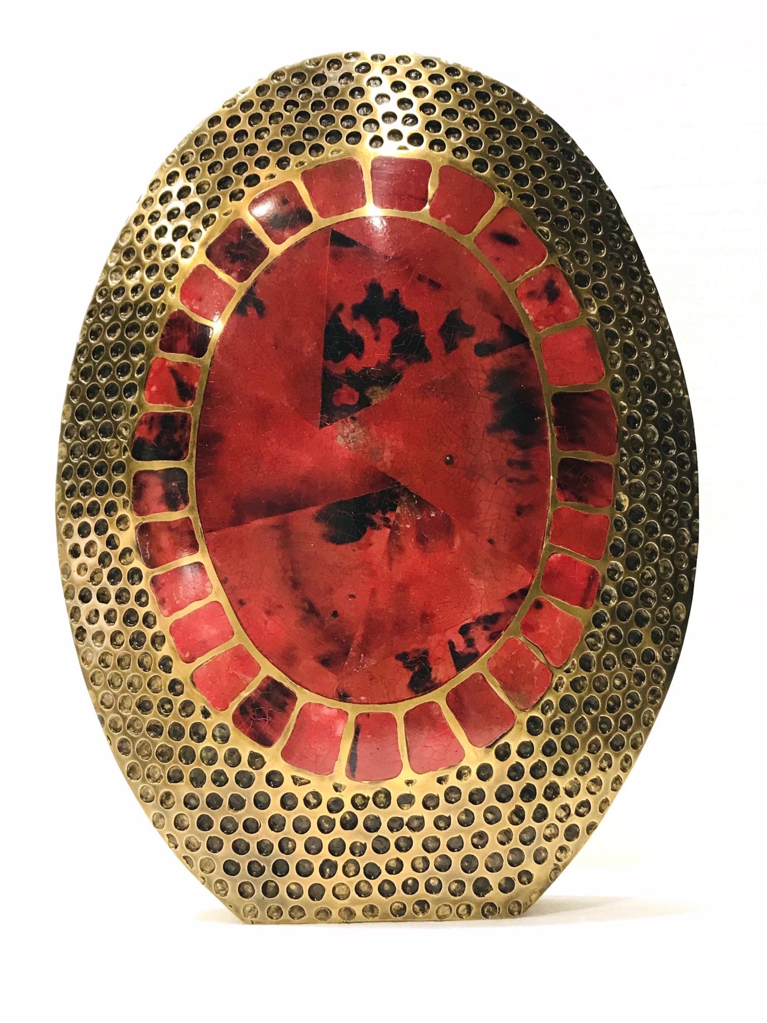 French Vintage R & Y Augousti Solid Bronze Vase with Pen Shell Inlays in Red and Black