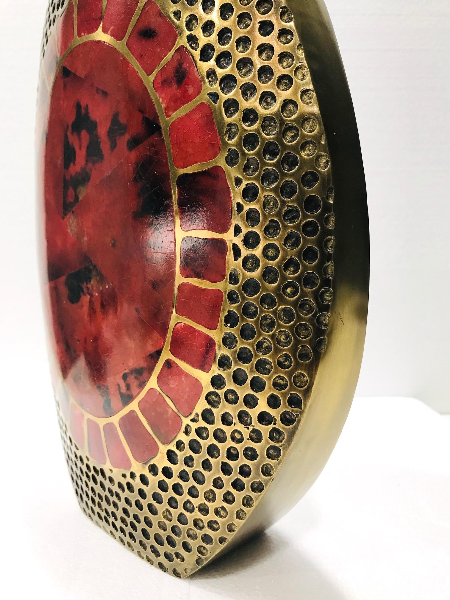 Hand-Crafted Vintage R & Y Augousti Solid Bronze Vase with Pen Shell Inlays in Red and Black