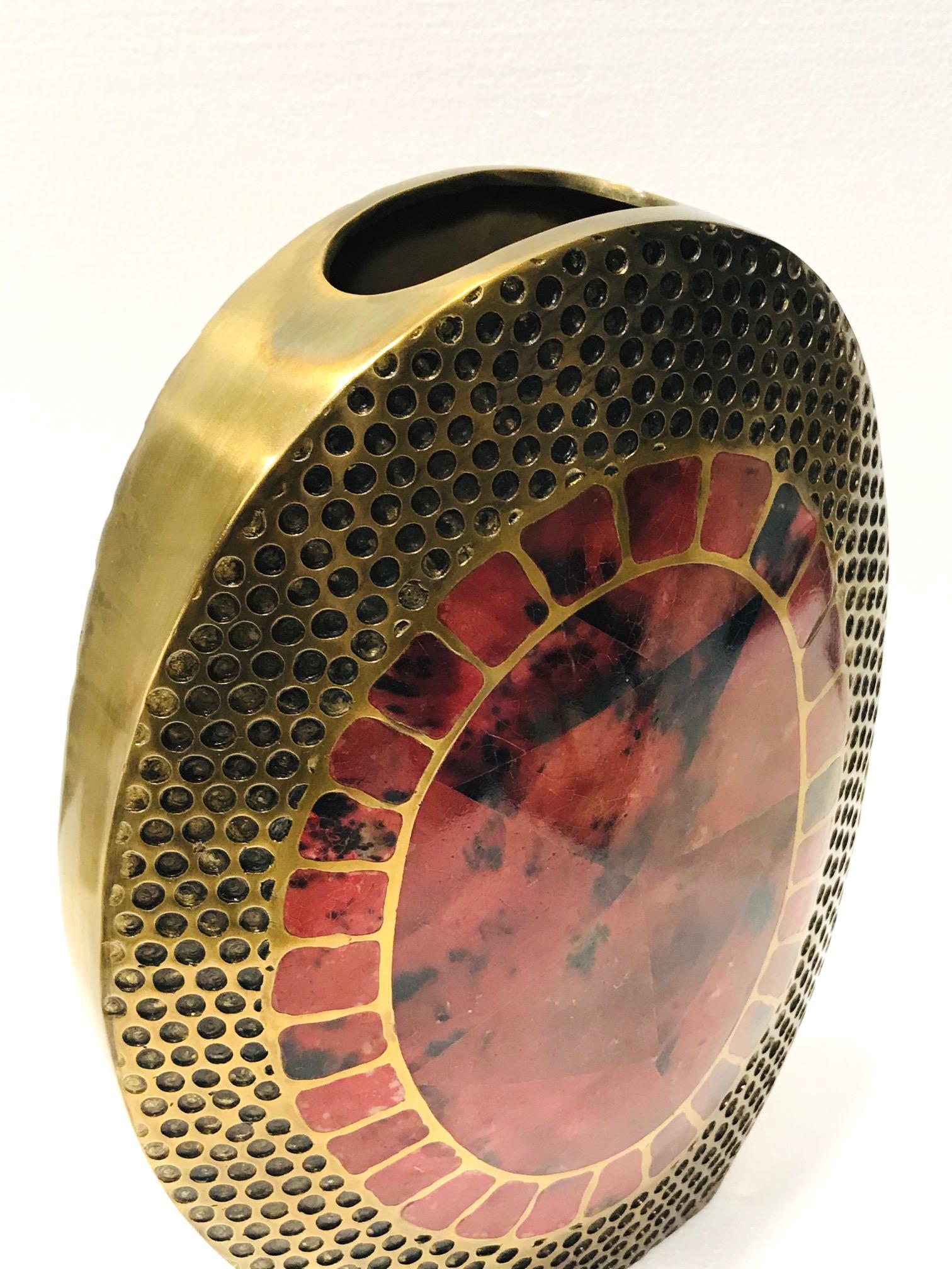Vintage R & Y Augousti Solid Bronze Vase with Pen Shell Inlays in Red and Black In Excellent Condition In Fort Lauderdale, FL