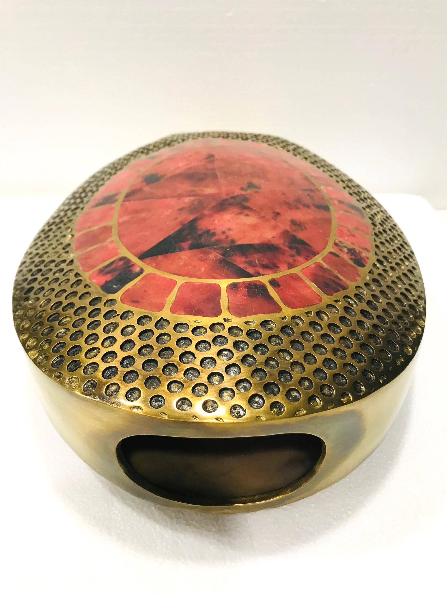 Contemporary Vintage R & Y Augousti Solid Bronze Vase with Pen Shell Inlays in Red and Black