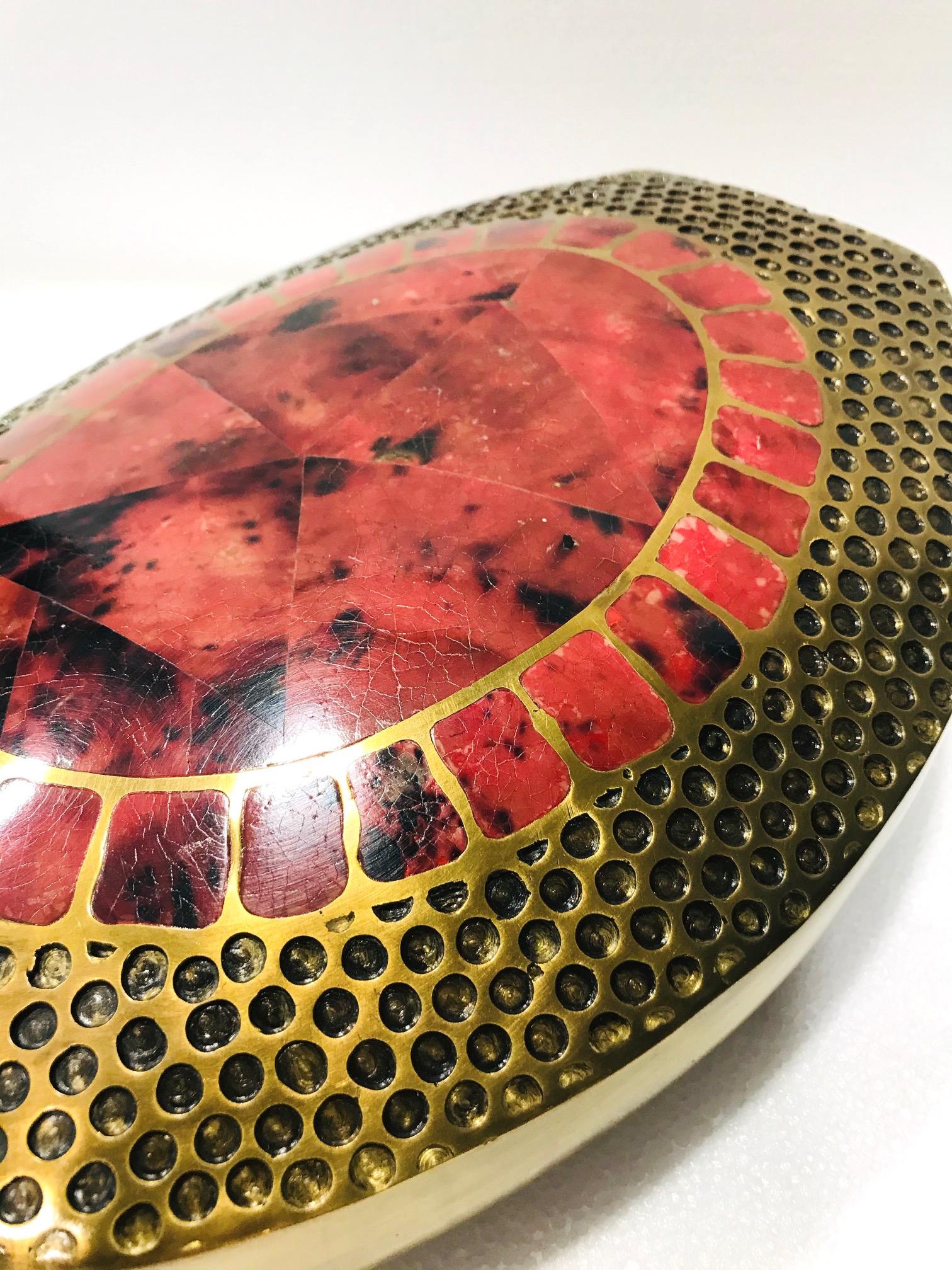 Vintage R & Y Augousti Solid Bronze Vase with Pen Shell Inlays in Red and Black 2