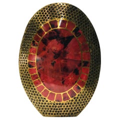 Vintage R & Y Augousti Solid Bronze Vase with Pen Shell Inlays in Red and Black