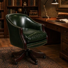 Vintage Racing Green Leather Swivel Desk Chair Mahogany-Toned Base and Nail Trim