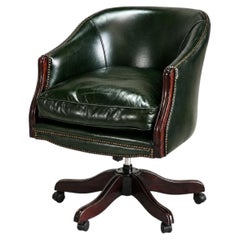 Vintage Racing Green Leather Swivel Desk Chair Mahogany-Toned Base and Nail Trim