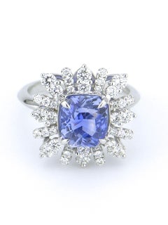 Vintage Radiant Cut Ceylon Blue Sapphire and Diamond Platinum Cluster Ring