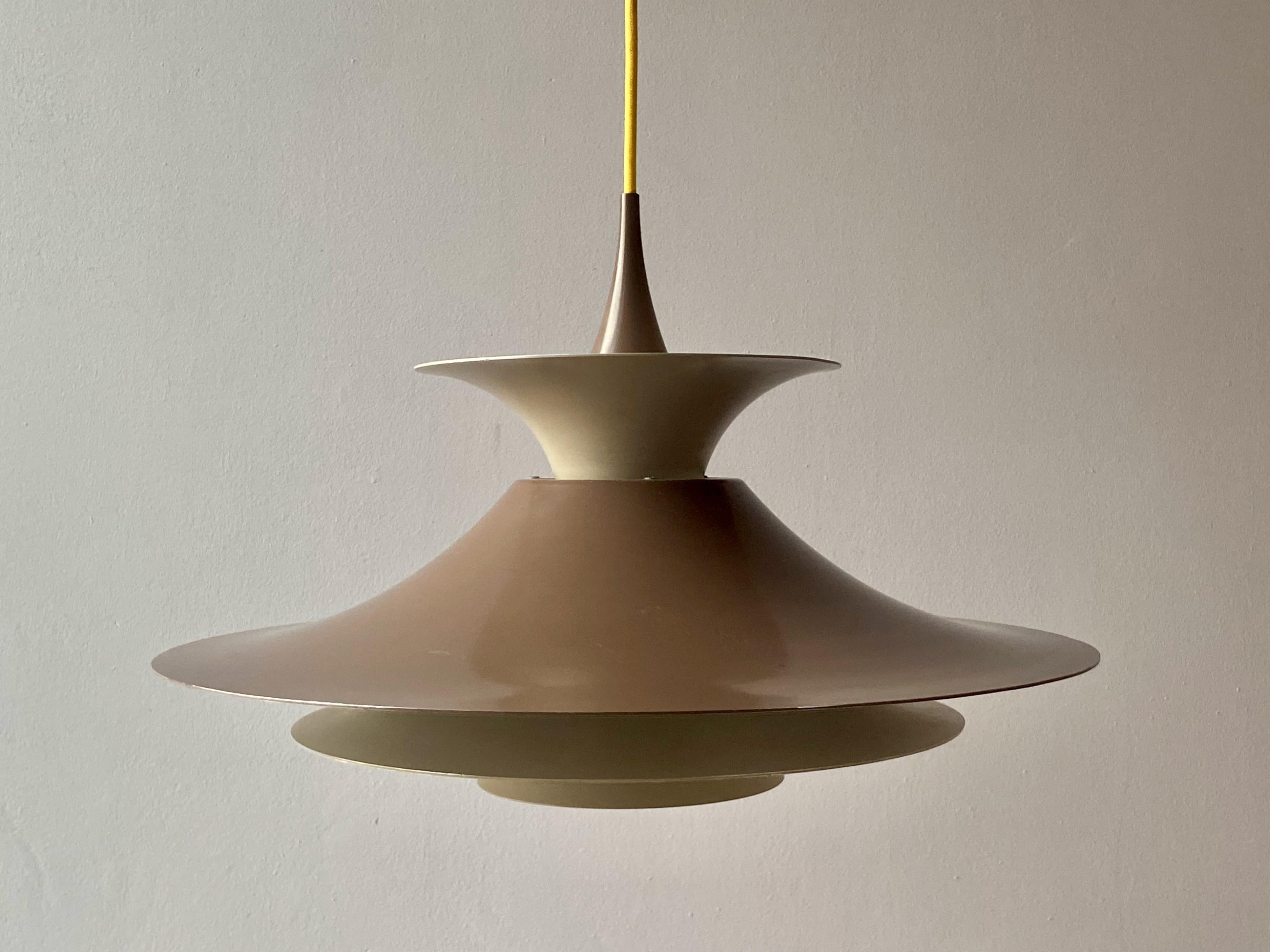 Radius 1 pendant by Erik Balslev. Brown and beige shades inside white lacquered aluminium. Produced by Fog & Mørup. Measures: 47 cm diameter version with E26/27 Edison socket. No parts missing (with reflector) ! With new yellow fabric cord. Ready to