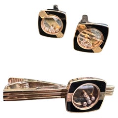 Rado Boutons de manchette et pince à cravate fantaisie vintage 3 pièces, plaqué or, onyx