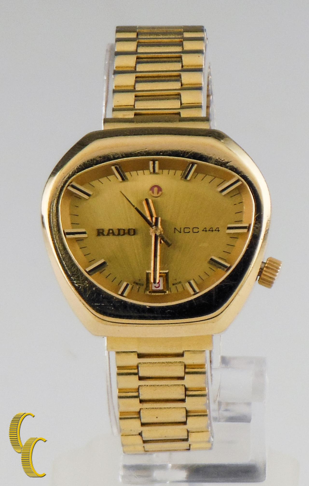 Model #558.3018.2.
Automatic movement #2651 ETA.
Weight: 46.0 grams.
Includes Rado box (vintage box- in worn condition), but not papers.
This watch is guaranteed authentic. One year warranty included with purchase.

Gold plated stainless steel