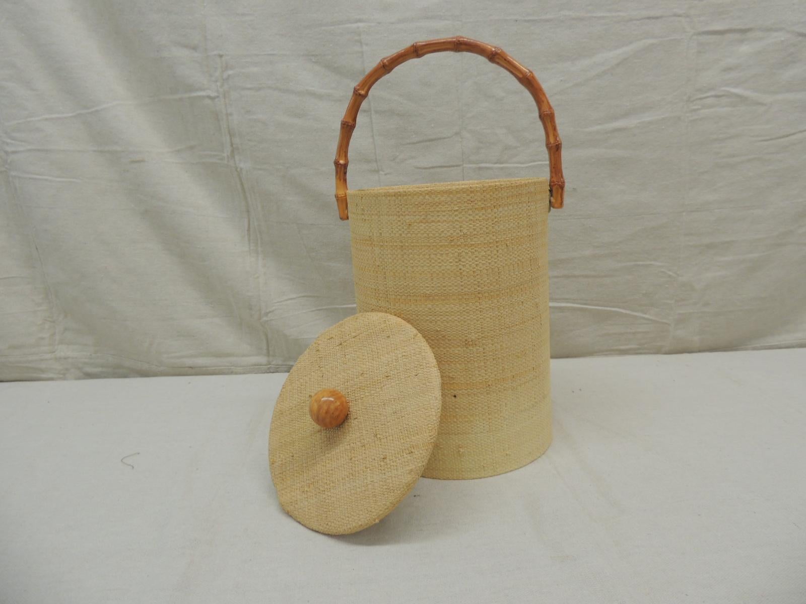 Mid-Century Modern Vintage Raffia Covered Round Ice Bucket with Bamboo Handle