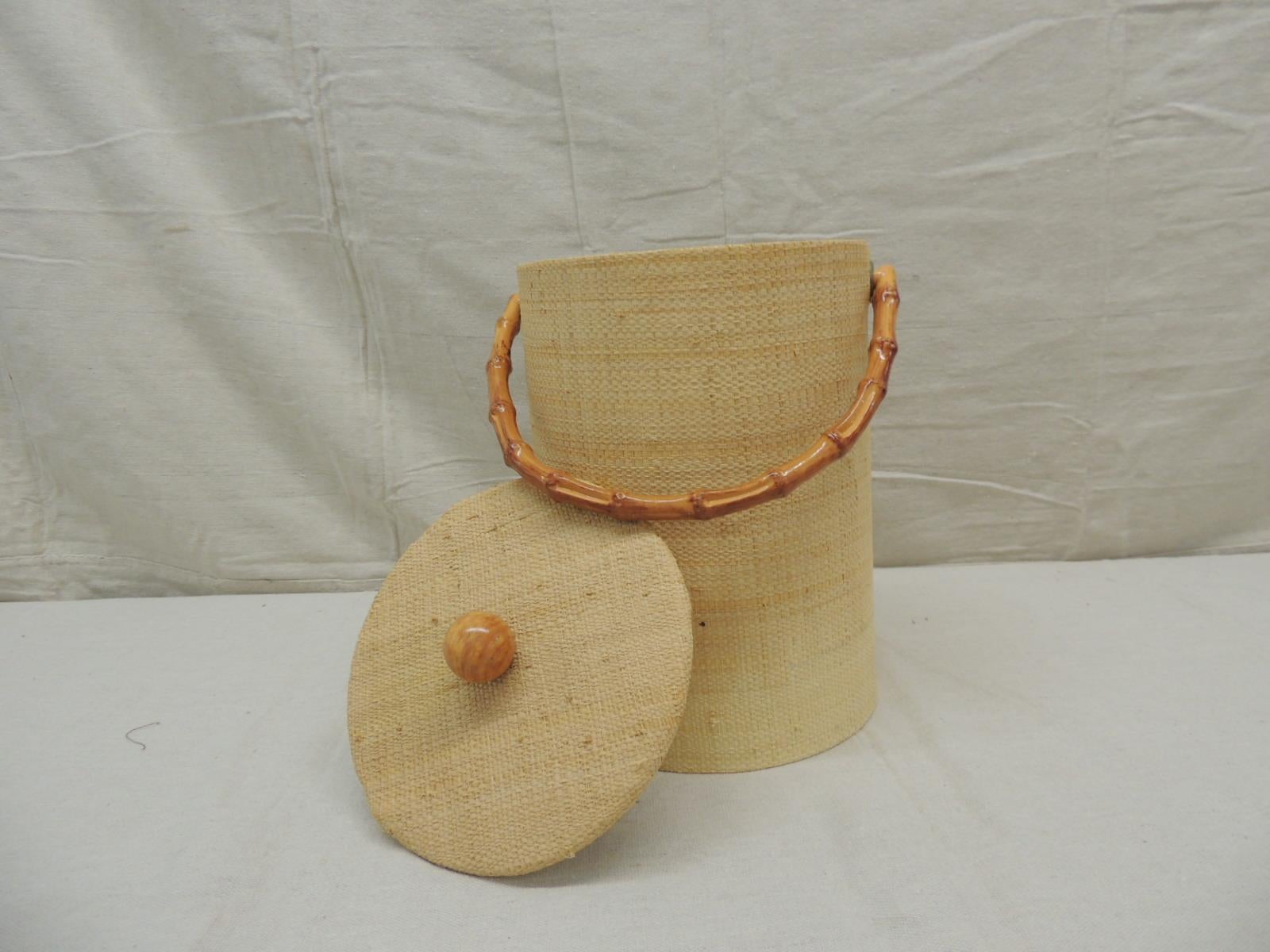Balinese Vintage Raffia Covered Round Ice Bucket with Bamboo Handle