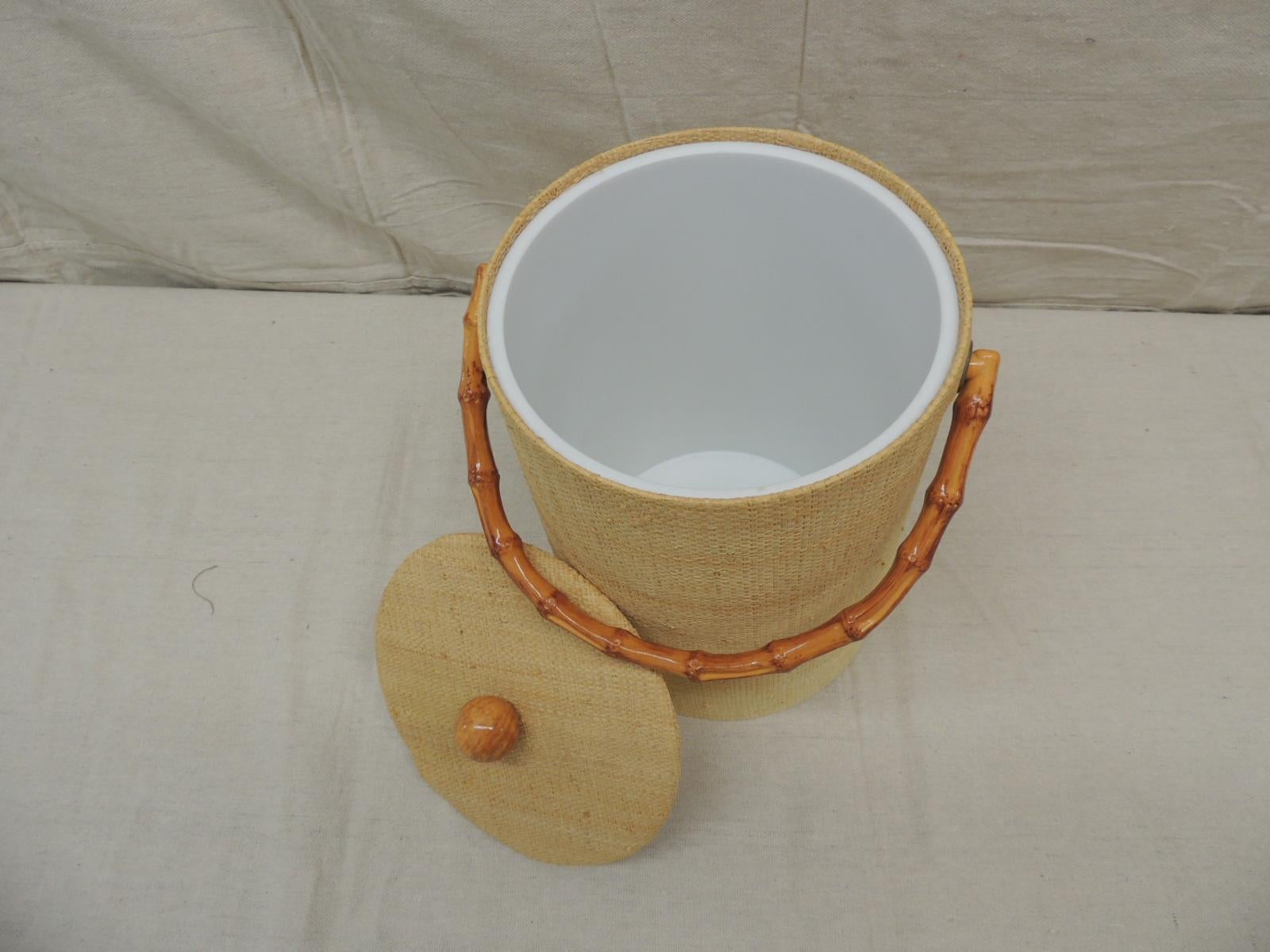 Hand-Crafted Vintage Raffia Covered Round Ice Bucket with Bamboo Handle