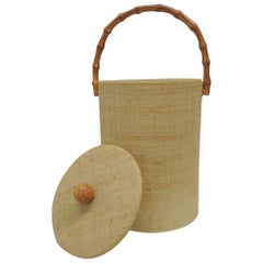 Vintage Raffia Covered Round Ice Bucket with Bamboo Handle