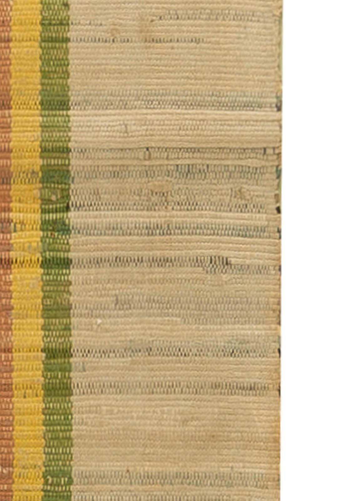 Mid-Century Modern Vintage Rag Beige, Yellow and Green Striped Handwoven Wool Rug