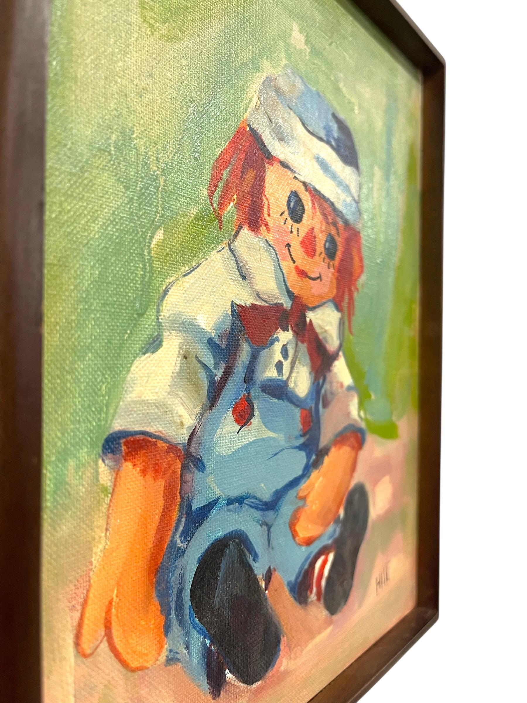 Mid-Century moderno Ritratto di bambola in stile Raggedy Ann su tela Grumbacher d'epoca in vendita