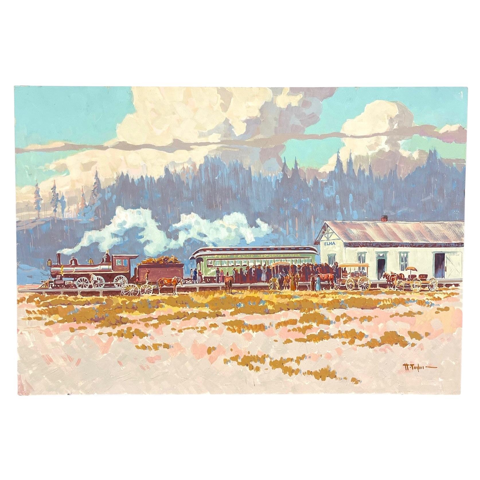 Quadro d
epoca della stazione ferroviaria di Elma Washington su tavola Strathmore in vendita