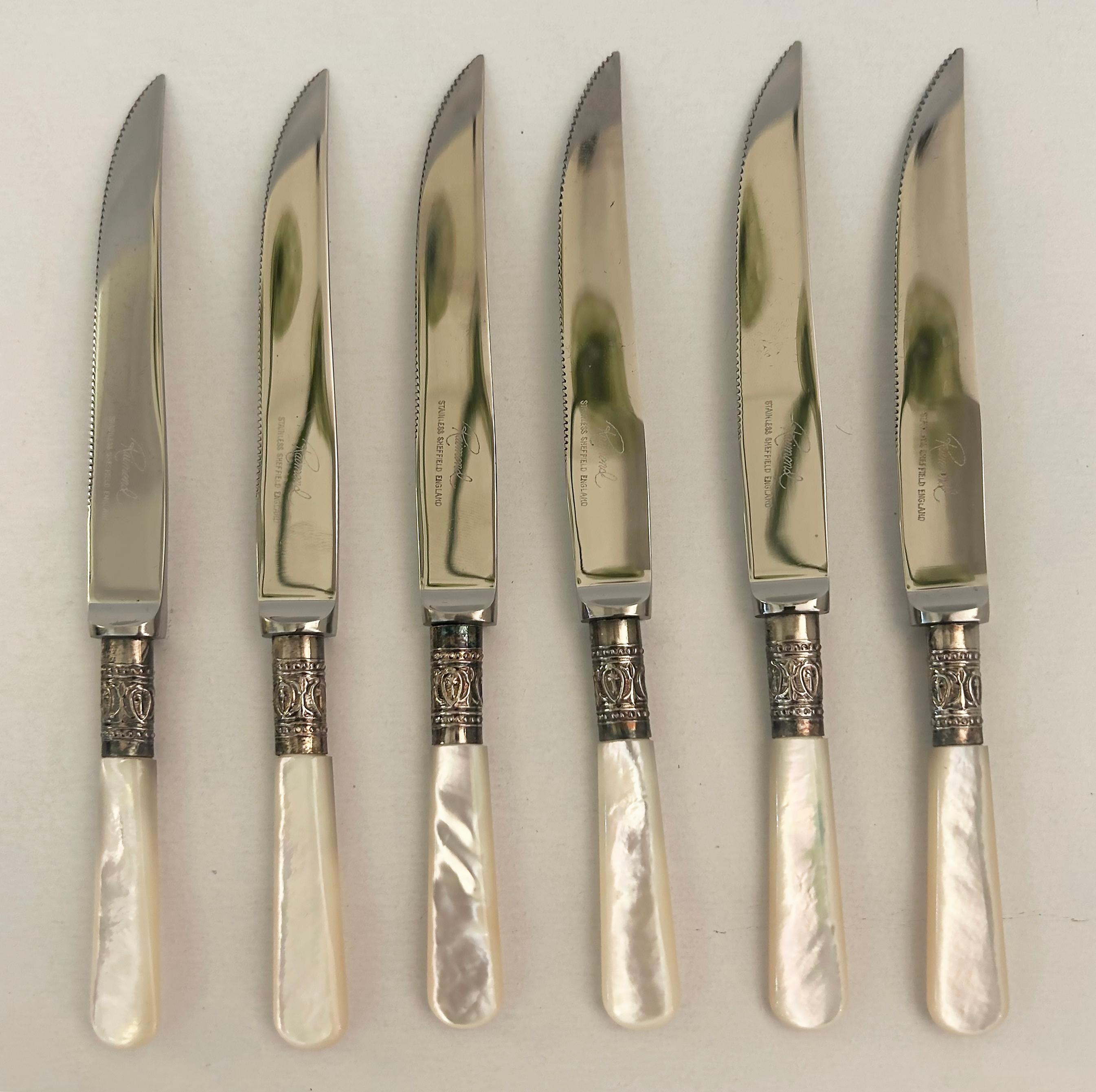 Vintage Raimond Sheffield England Mother-of-Pearl Fruit Knives Silver Plated Set

Offered for sale is a set of six Raimond Silver Manufacturers, Sheffield, England mother-of-pearl and silver-plated fruit knives in their original tooled leather case.