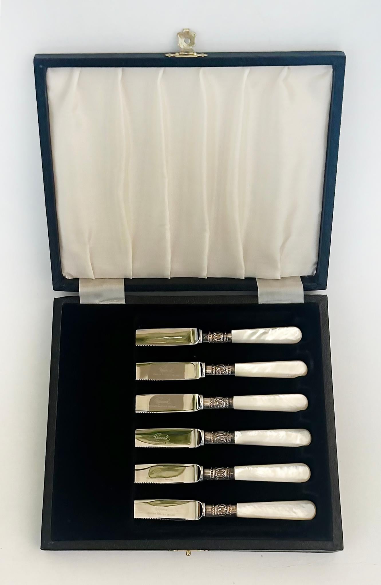Mid-Century Modern Vintage Raimond Sheffield England Mother-of-Pearl Fruit Knives Silver Plated Set For Sale