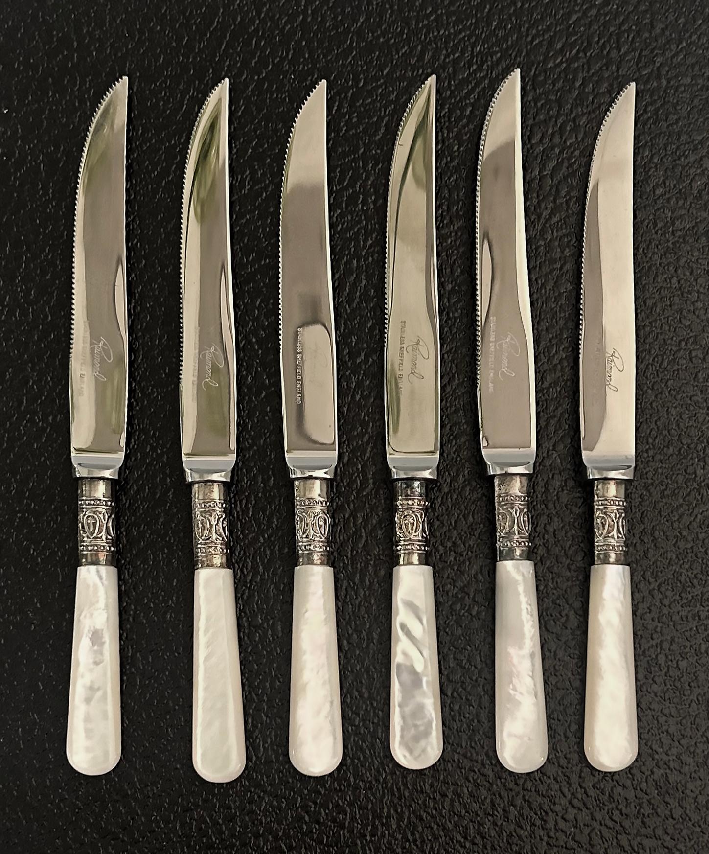 Vintage Raimond Sheffield England Mother-of-Pearl Fruit Knives Silver Plated Set For Sale 1