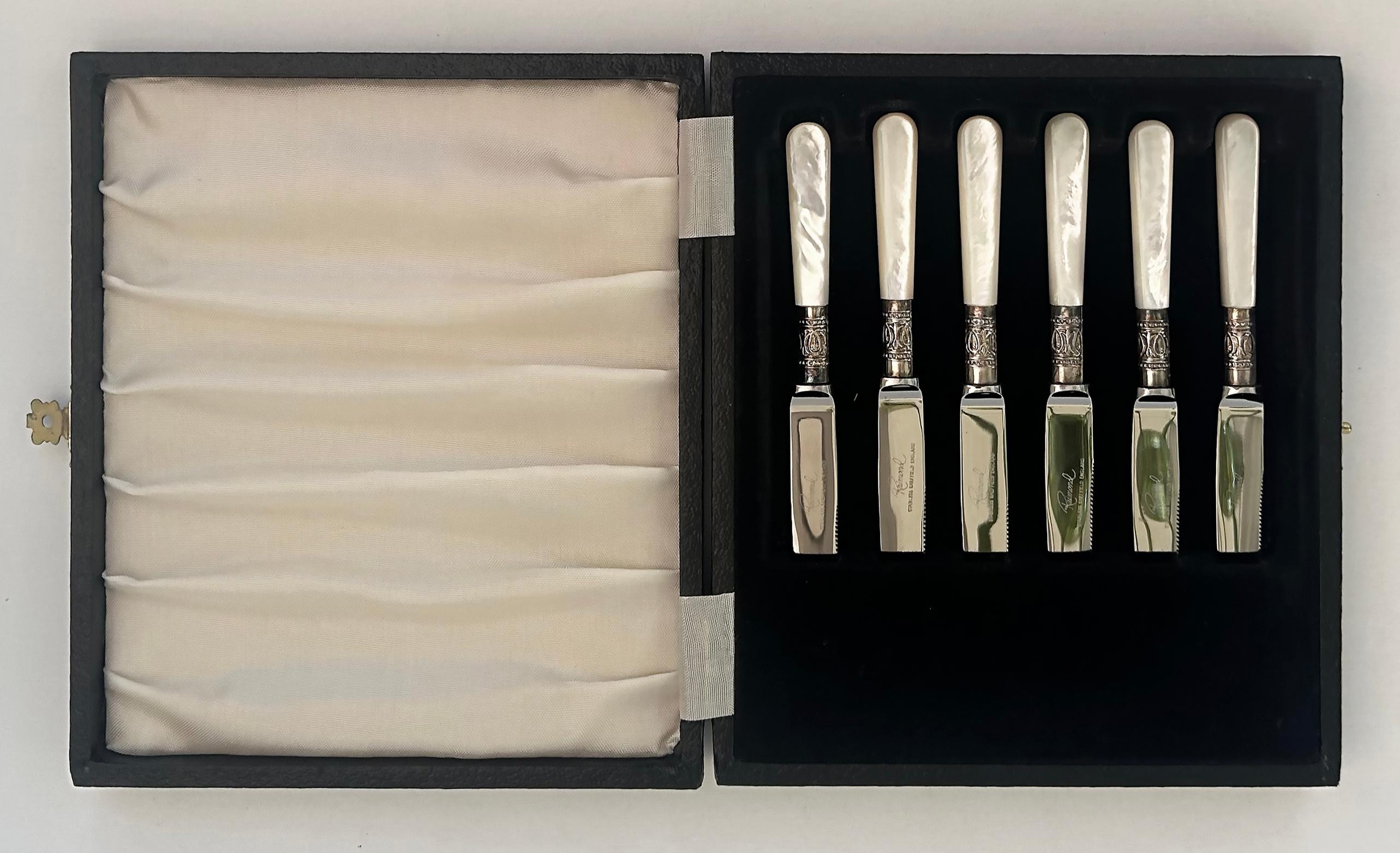 Vintage Raimond Sheffield England Mother-of-Pearl Fruit Knives Silver Plated Set For Sale 2