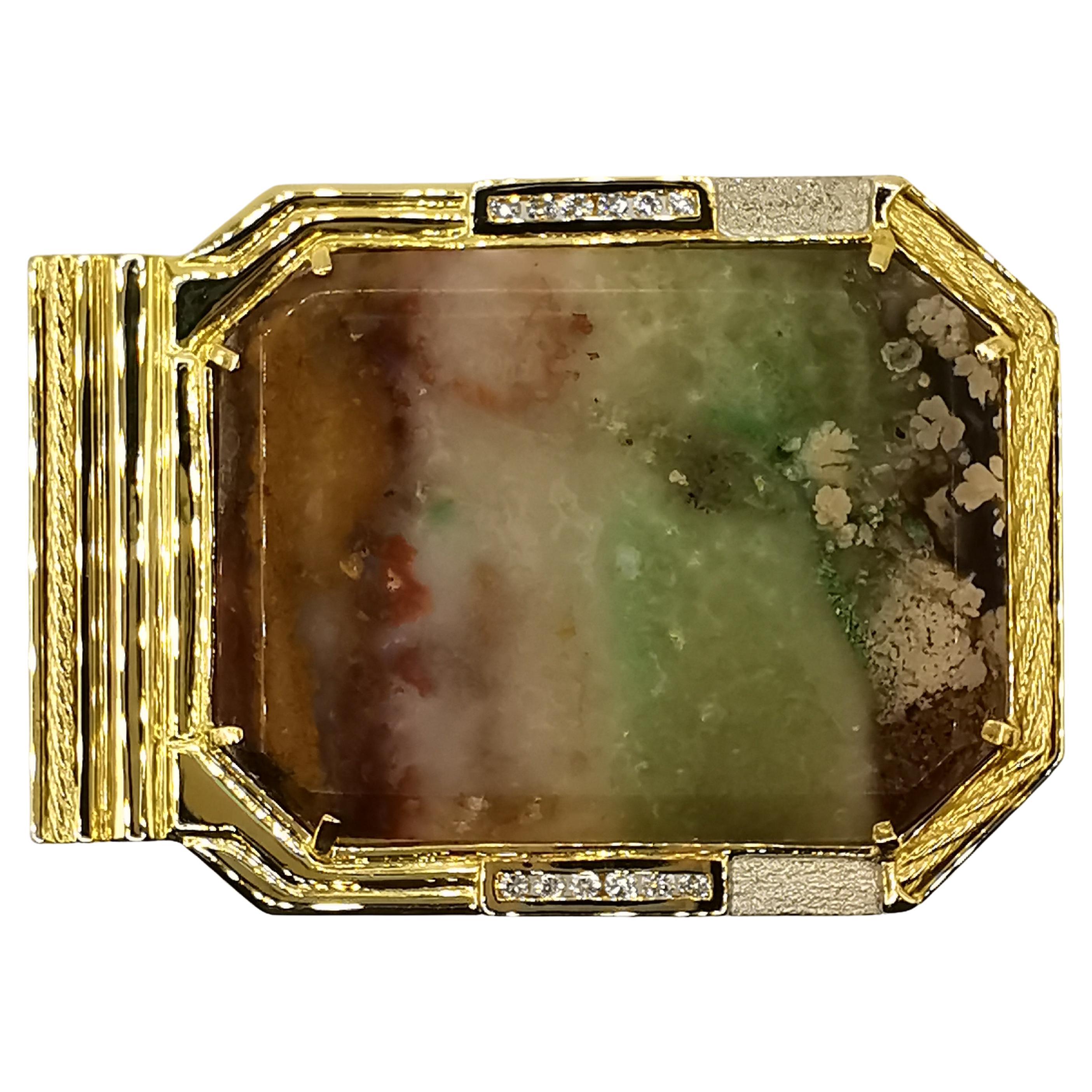 Boucle de ceinture vintage en or jaune 18 carats avec agate arc-en-ciel et diamants