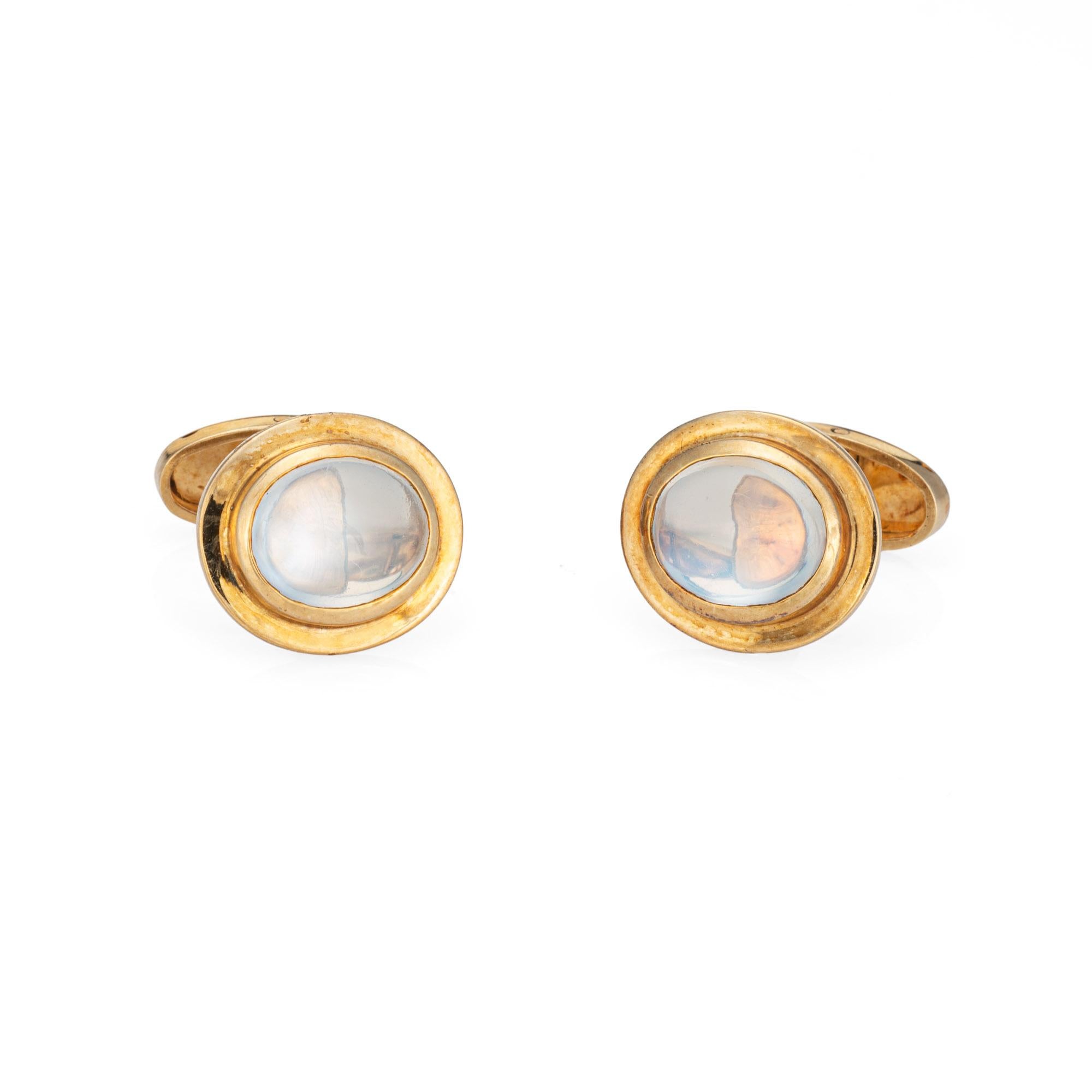Cabochon cut moonstones each measure 11mm x 9mm. The cufflinks are in very good condition and free of cracks or chips.

The stylish cufflinks are bezel set with luminous rainbow moonstones. The cufflinks make a great statement worn during the day or