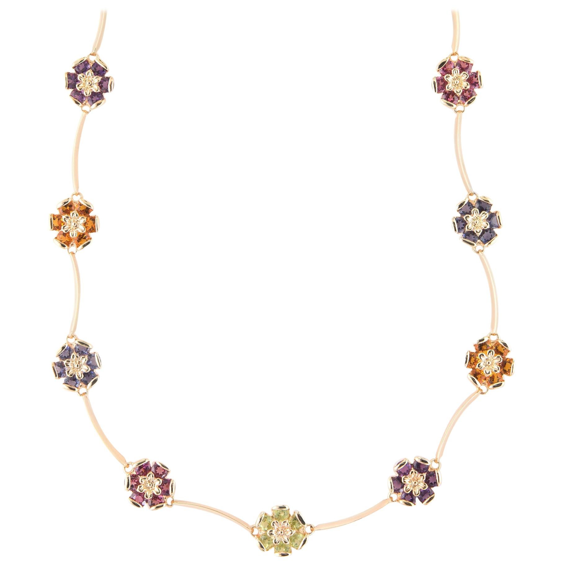 Vintage Rainbow Multi Gemstone Necklace 14 Karat Yellow Gold Flower Choker